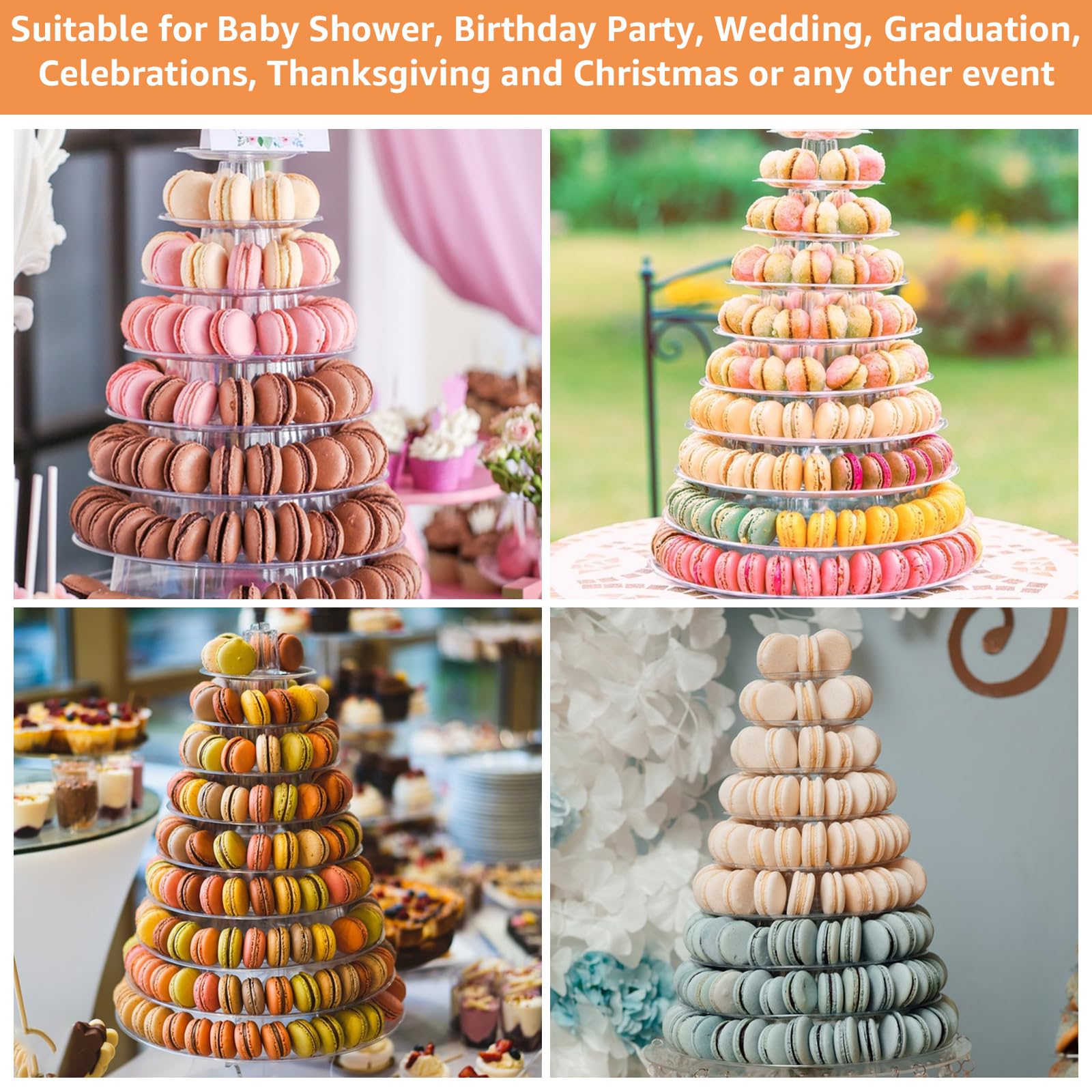 YAYODS Tour à macarons à 10 niveaux - Rond - Transparent - Présentoir à macarons en plastique - Pour mariage, anniversaire, fête prénatale