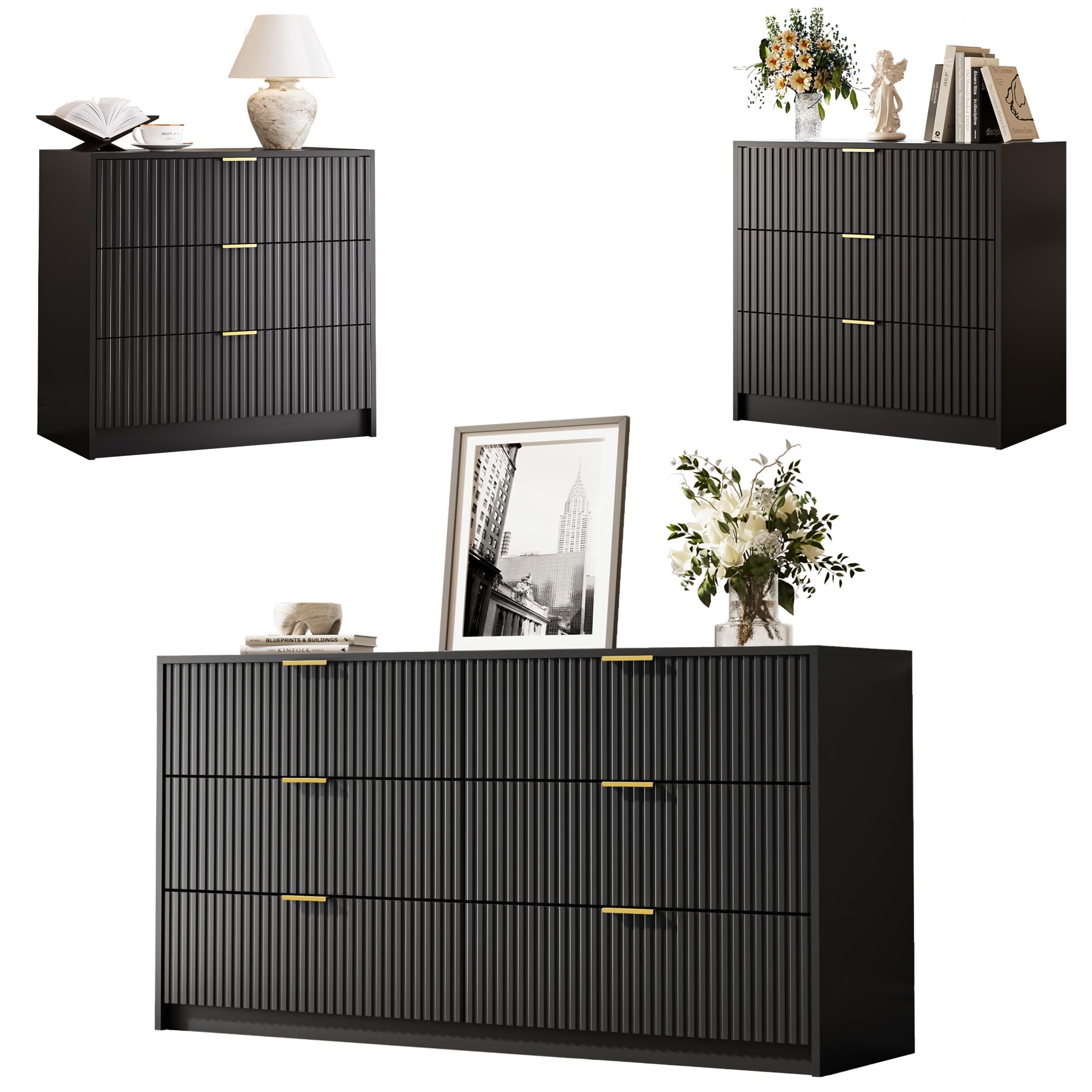 black and gold dresser set MAISONARIA 3-Piece Bedroom Set, 6 Drawer Dresser & 3 Drawer Nightstands with Handles, Fluted Wood Chest of Drawers for Bedroom, Living Room, Entryway, : Home & Kitchen Pre-Owned