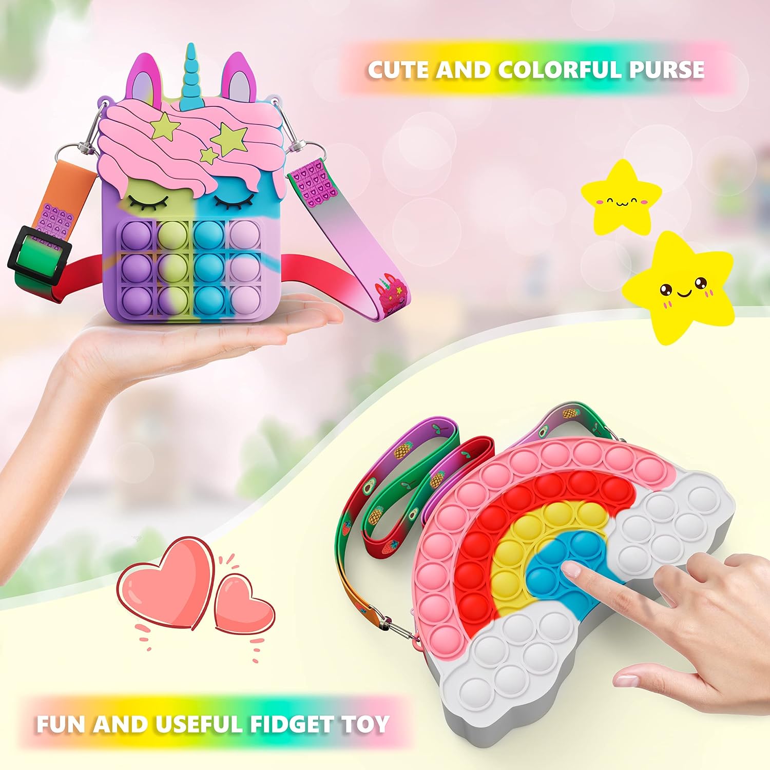 Two Piece Pop Purse Bundle. Unicorn Pop Bag, Rainbow Pop Bag, Sensory Toy Set