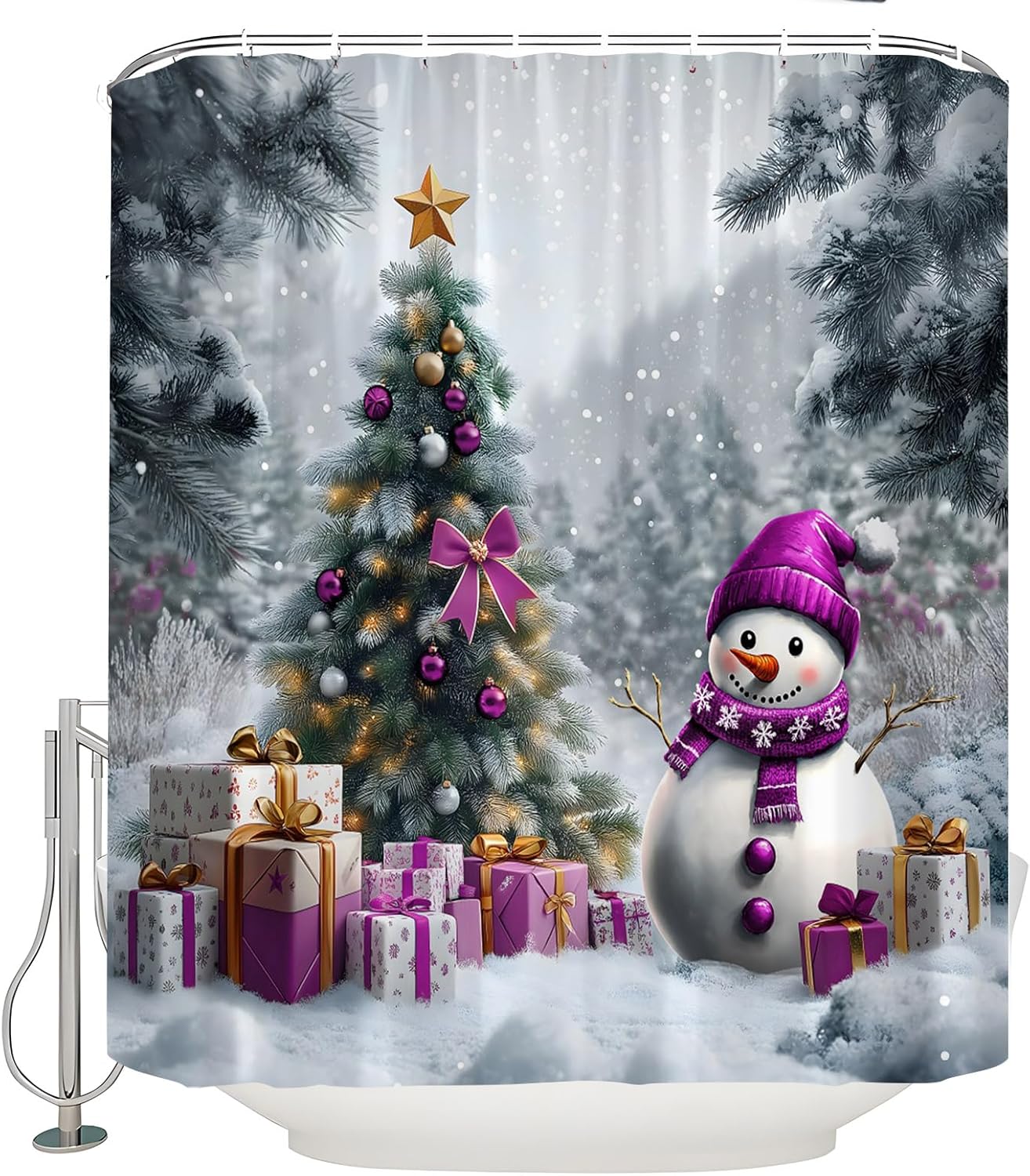 Winter Christmas Snowman Shower Curtain Cute Purple Snowman Pine Tree Bow Ball Christmas Tree Snowy Forest Xmas Holiday Happy New Year Fabric Bathroom Curtain with Hook