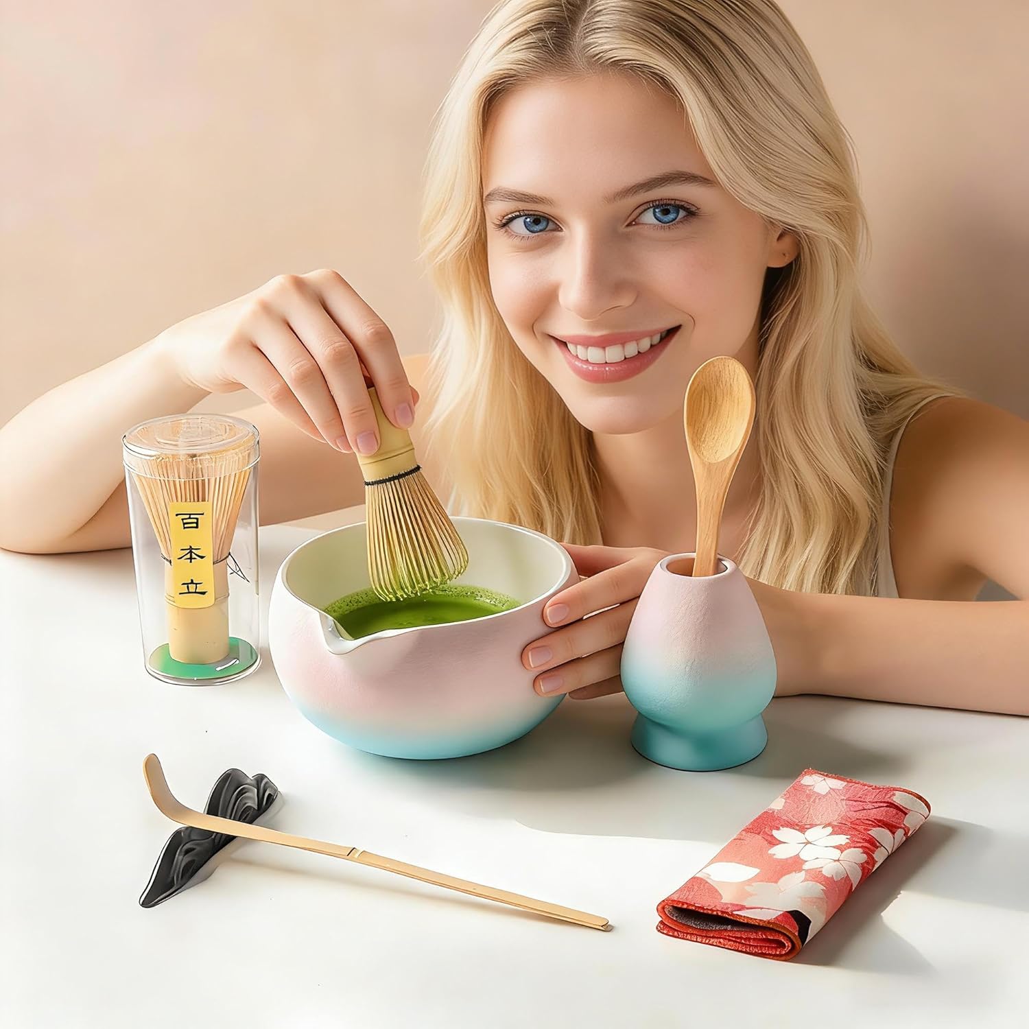 Matcha Whisk Set,8 Pcs Matcha Kit Includes Matcha Bowl with Spout,Matcha Whisk Holder,Bamboo with Ceramic Holder,Bamboo Scoop and Rest,Sifter,Tea Towel for Ceremony Matcha Lovers Gift (Pink+Blue)