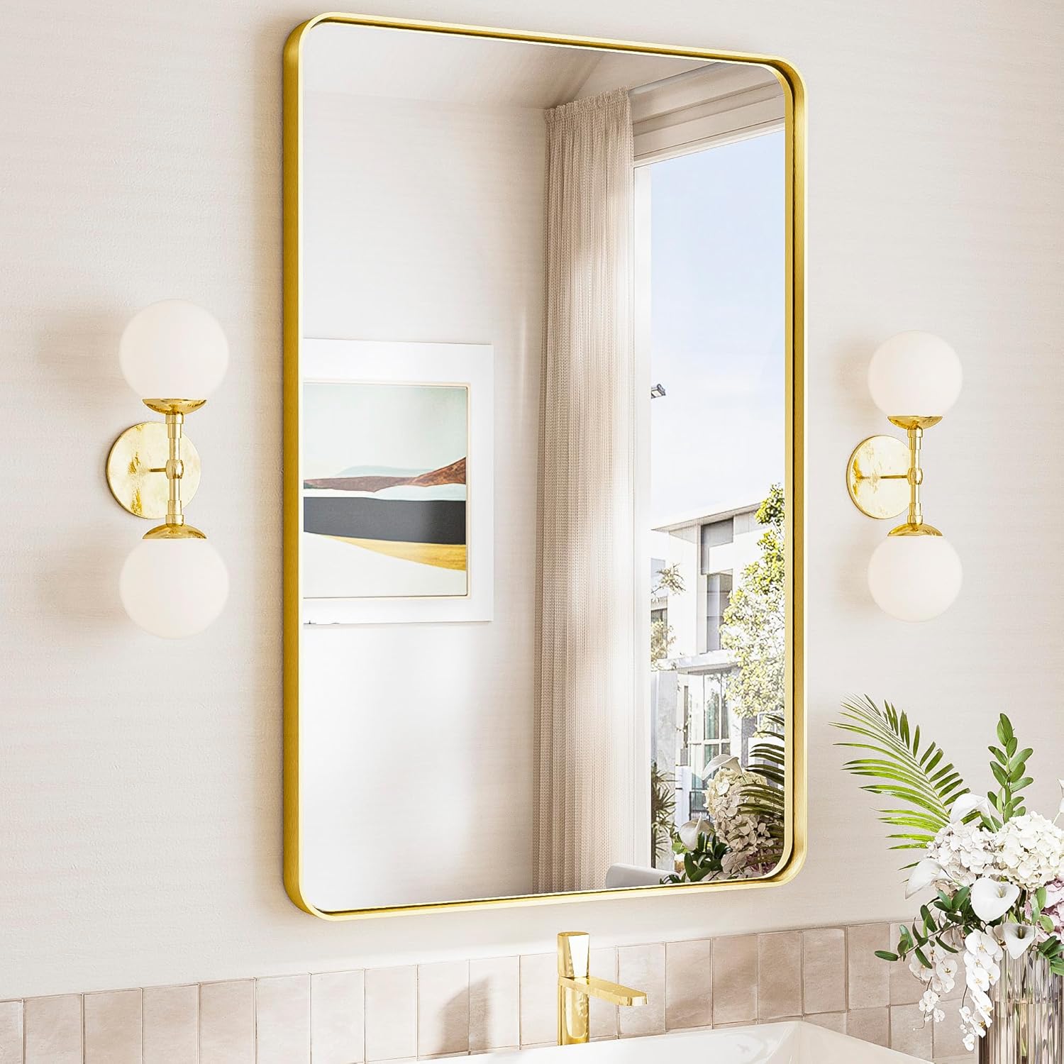 TokeShimi 24x36 Brushed Gold Bathroom Mirror,Wall Mirror for Bathroom with Tempered Glass,Gold Bathroom Vanity Mirror for Over Sink,Aluminum Framed Mirror Bathroom(Horizontal/Vertical) Brushed Gold 36"L x 24"W