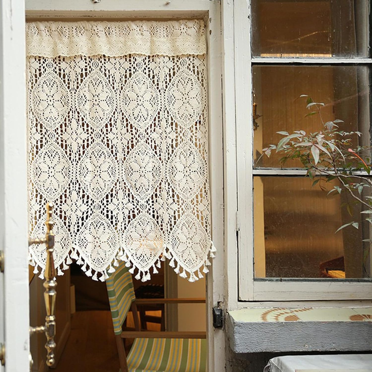 Boho Crochet Curtain Valance for Kitchen Window Retro Rustic Cotton Lace Sheer Short Curtains Vintage Country Rod Pocket with Tassels for Bedroom Cafe Decor,1 Panel 35"×16"