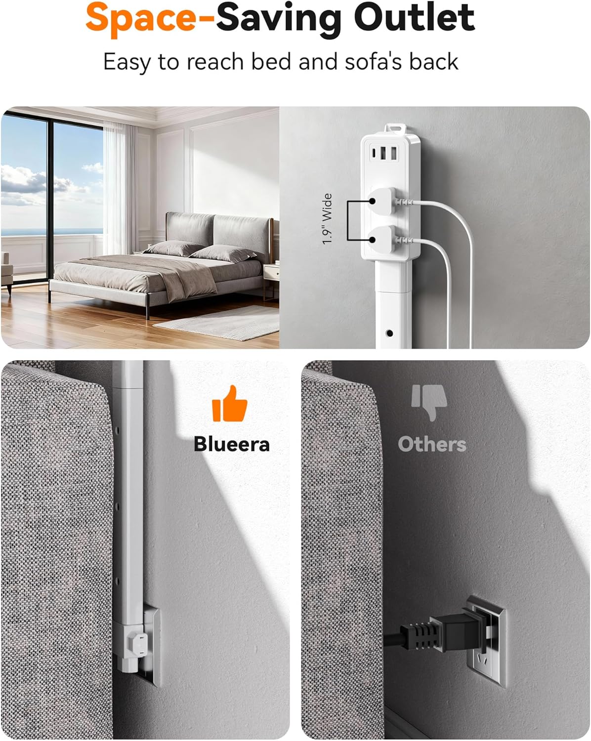 Blueera Electrical Outlet Extender Stick Features USB-C, 2 USB-A, 2AC Outlets, 17"-36" Extandable Outlet Access Hard-to-Reach, 4-Way Wall Plug Power Socket Extender Behind Couch, Nightstands-1 Pack