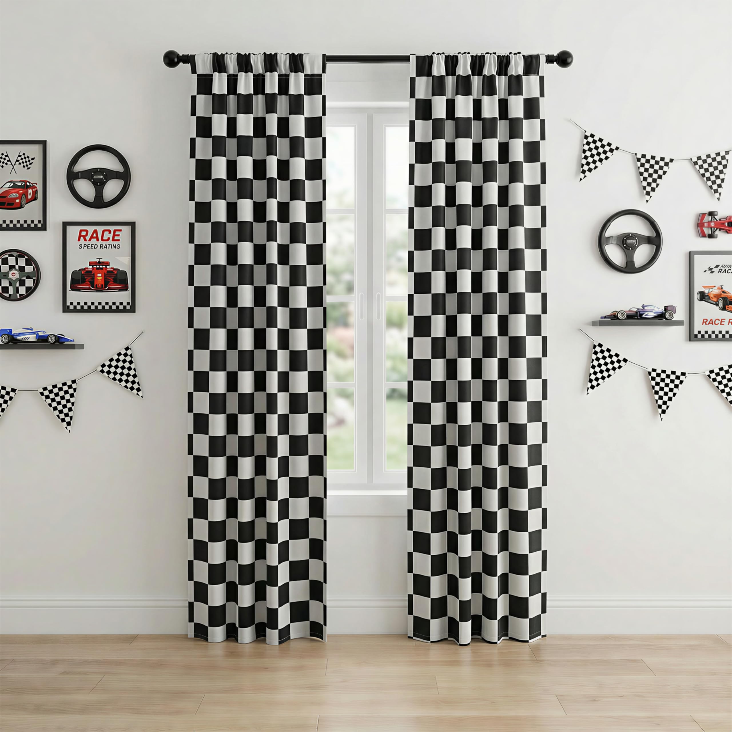 BOHOMOCASA Rod Pocket & Back Tab Checkered Curtains, 100% Blackout, Race car Flag Checkerboard Curtains, Thermal Insulated, Noise Reducing, 3-inch Checkered, 2 Panels, Each W26×L84