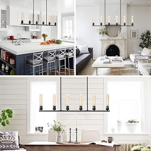 Miniatura 5 de Untrammelife Candelabro lineal de 6 luces 42 pulgadas negro con pantalla de vidrio transparente moderna lámpara colgante rectangular de isla de