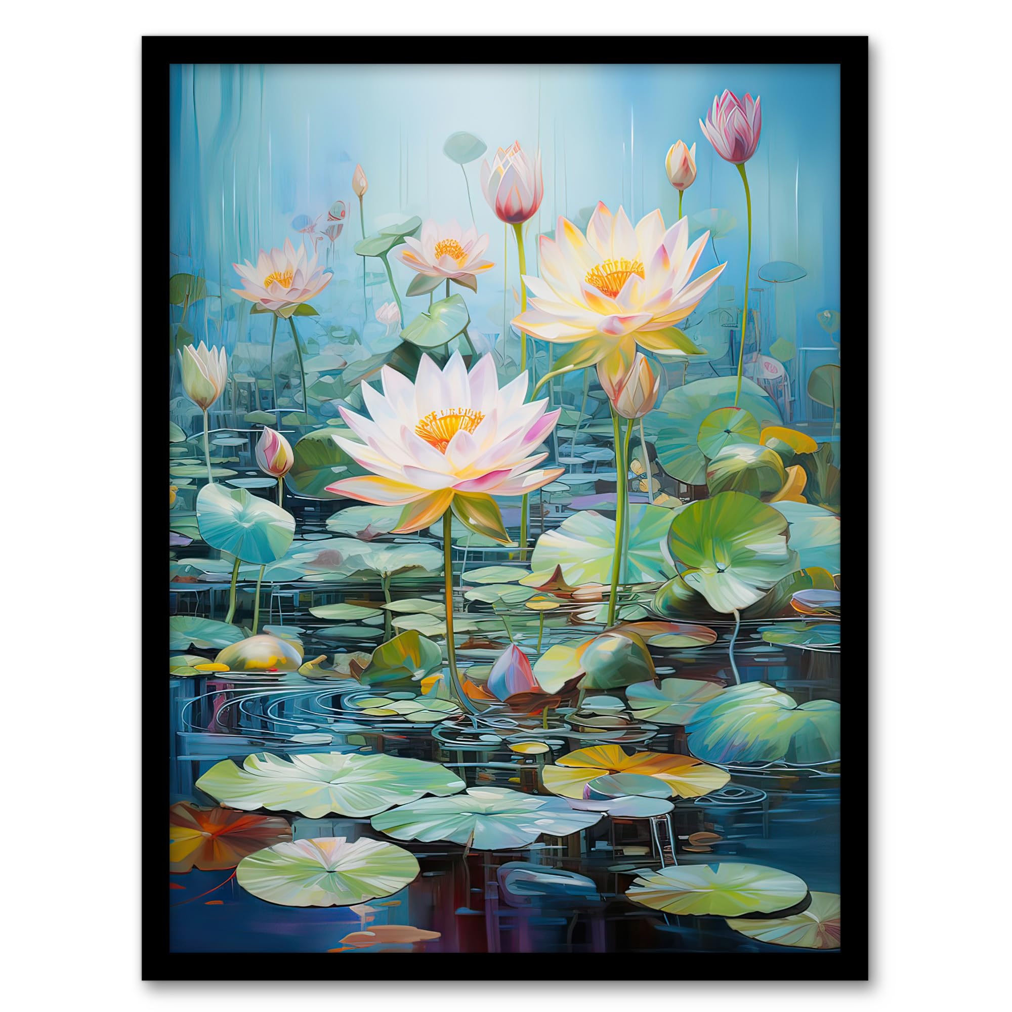 Artery8 Dreamy Lotus Pond Blooming Water Lily Flowers Artwork Framed Wall Art Print A4