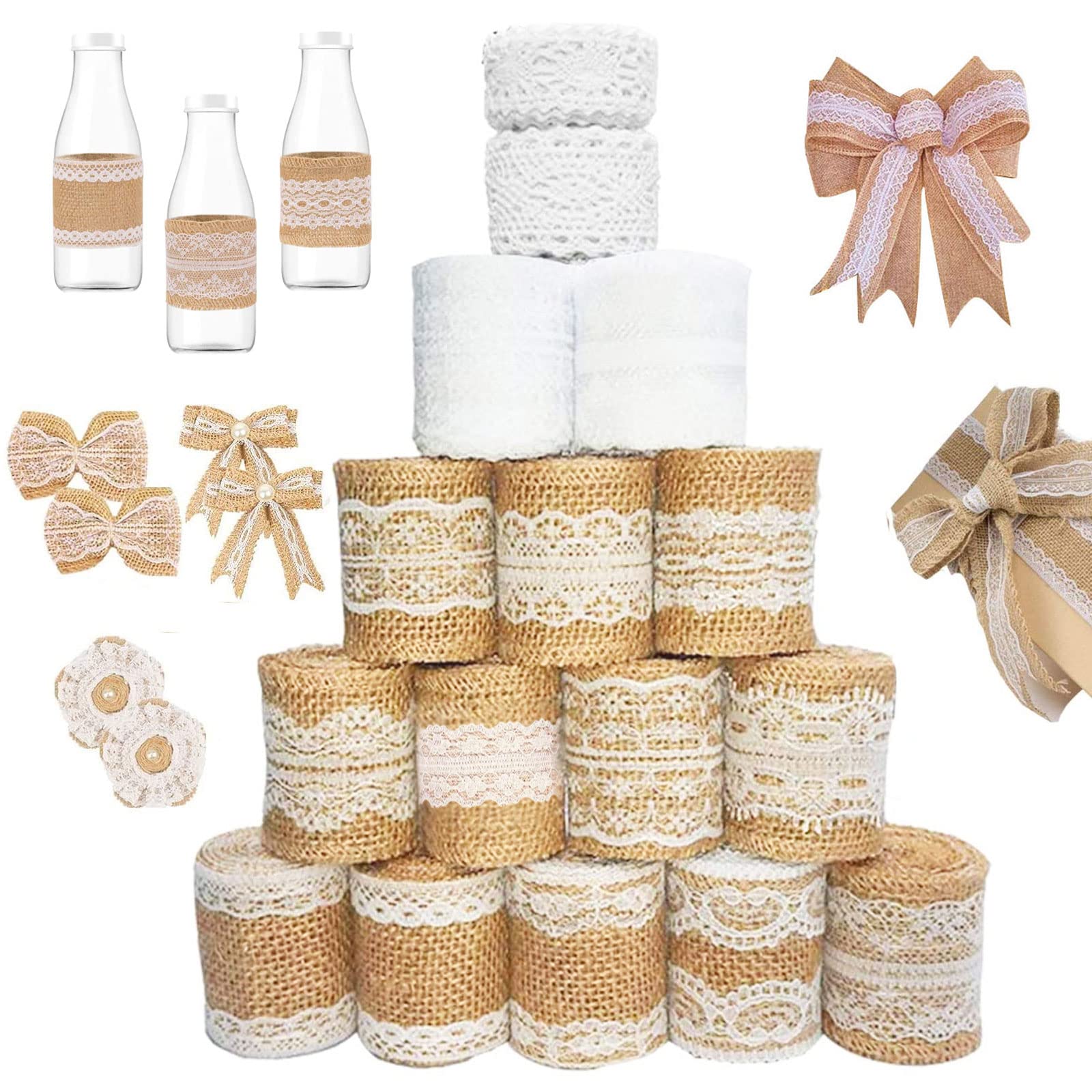 16 Rouleaux Ruban De Jute Dentelle Vintage - Kit Décoration Mariage Bricolage Emballage Cadeau