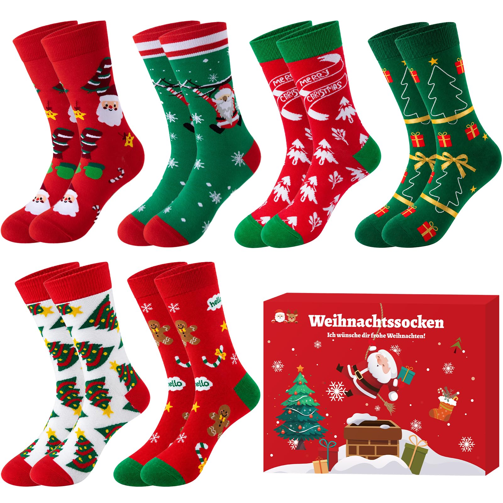 TXBOBECO Weihnachtssocken Damen Herren 6 Paar 37-46 | Lustige Socken Weihnachten Unisex, Christmas Socks Weihnachtsstrümpfe Geschenke Weihnachten für Familie
