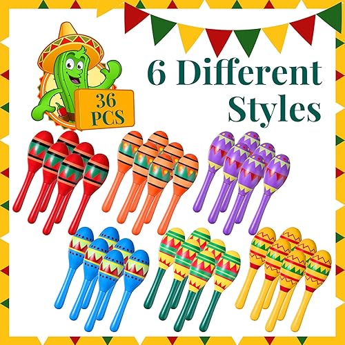 Miniatura 3 de Hungdao 36 piezas de mini maracas de madera para fiestas mexicanas a granel, 6 diseños de maracas de madera para fiestas de fiesta de Cinco de Mayo,