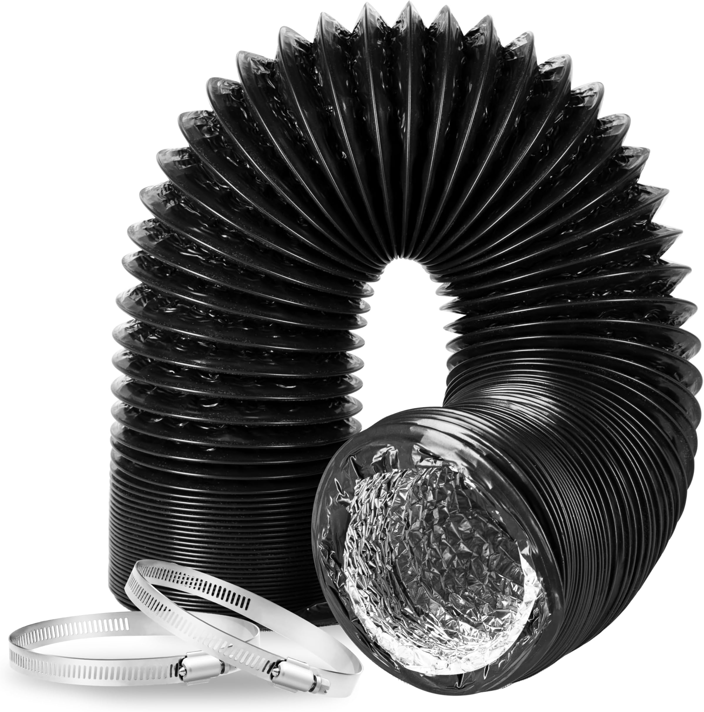 InfiniPower Dryer Vent Hose, Insulated Flexible Duct 8FT with 2 Clamps, Heavy Duty Four Layer Protection for Heating Cooling Ventilation and Exhaust, 10" x 8', Black