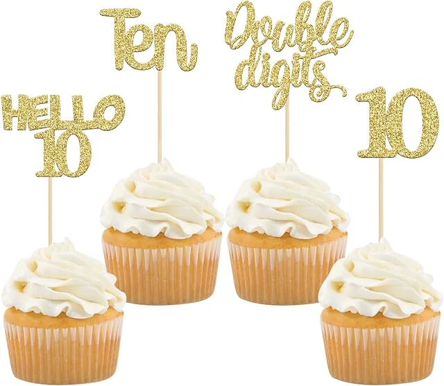Gyufise 24Pcs Gold Glitter 10th Birthday Cupcake Toppers Double Digits Cupcake Toppers Hello 10 Ten Cupcake Picks for 10th Birthday Party Cake Decorations Supplies