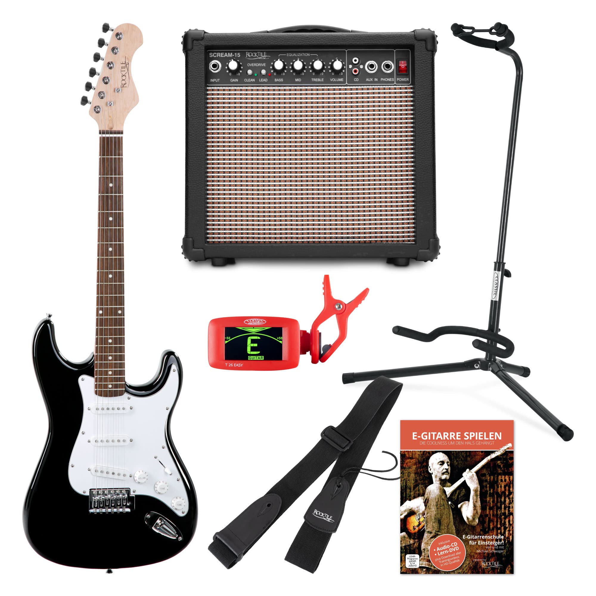 Rocktile Sphere Classic Black E-Gitarre Set (E-Gitarre in ST-Design mit 3 Tonabnehmer und Tremolo, inklusive Verstärker, Ständer, Stimmgerät, Gurt und Gitarrenkabel) Schwarz