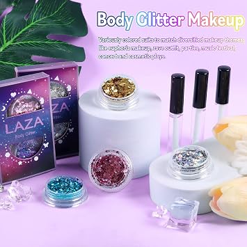 Laza Body Glitter, 2 Jars Holographic Chunky Sequins with Glitter Glue Perfect for Women Eyeshadow Makeup Face Paint Festival Rave outfits Hair Accessories Carnival Party Costumes - Bright Gold Silver