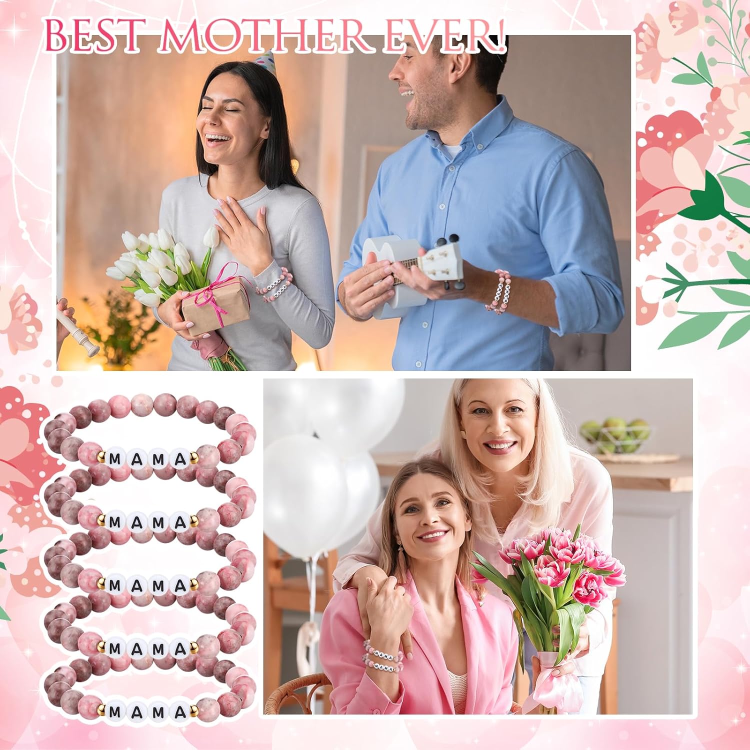Tondiamo 12 Pack Mama Bracelets Gift Bulk Natural Stone Clay Beaded Stretch Bracelets Mother's Day Party Favors Pink Jewelry for Church Gifts for Women Mom Grandmom Accessories