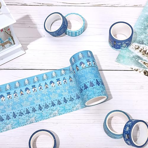 Miniatura 4 de Whaline 16 rollos de cinta Washi de invierno, 4 tamaños, cinta adhesiva Washi azul para Navidad, copo de nieve, muñeco de nieve, papel decorativo de