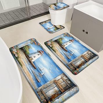4 Pieces Bathroom Rug Sets Lighthouse Nautical Coastal Beach Sailboat Seagull Ocean Seascape 16"x24"and 18"x30"Bath Mats,Toilet Cover,U-Shaped Toilet Mat