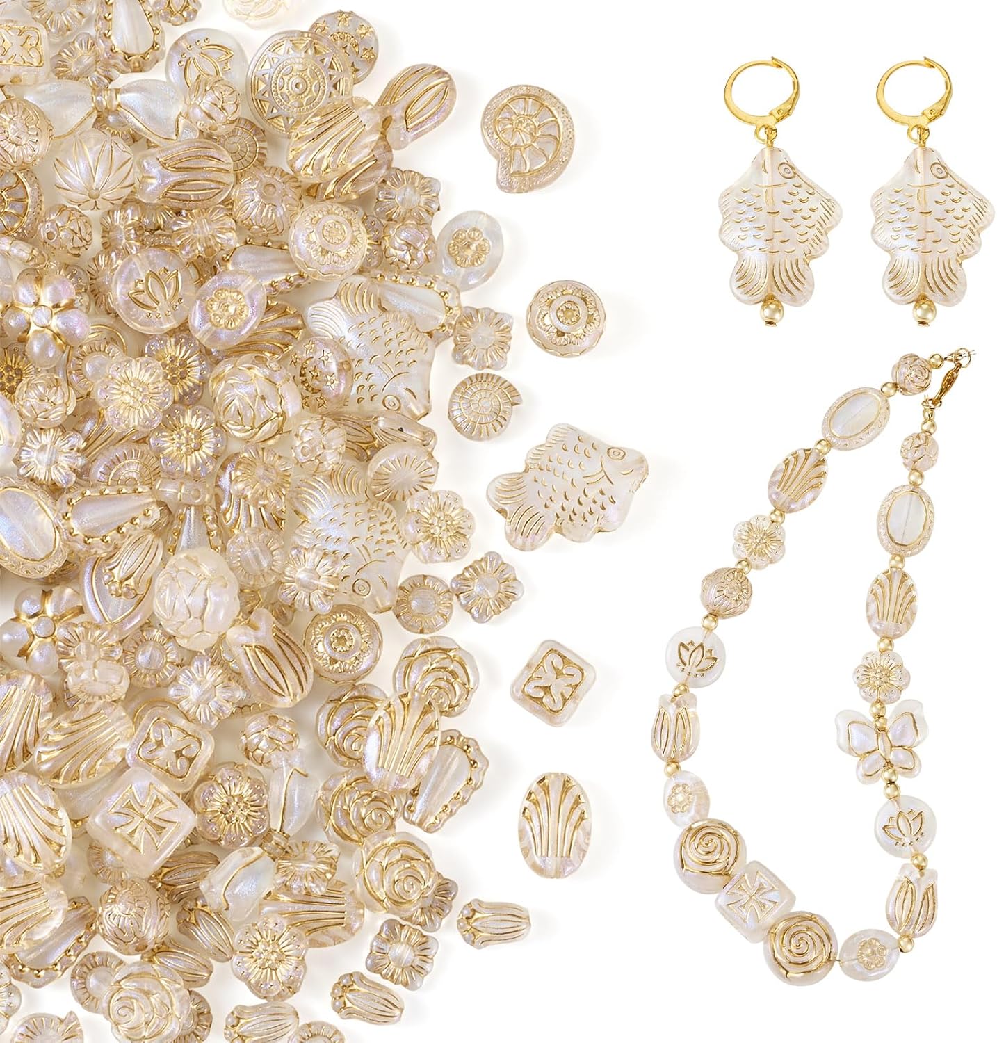 FASHEWELRY 1 Bag Vintage Acrylic Beads Gold Metal Enlaced