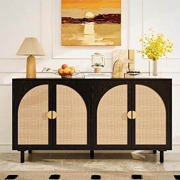 Black 4-Door Rattan Cabinet-Sideboard Buffet Cabinet with Storage,Rattan Accent Sideboard - Boho Style Buffet Table for Dining Room, Study Room