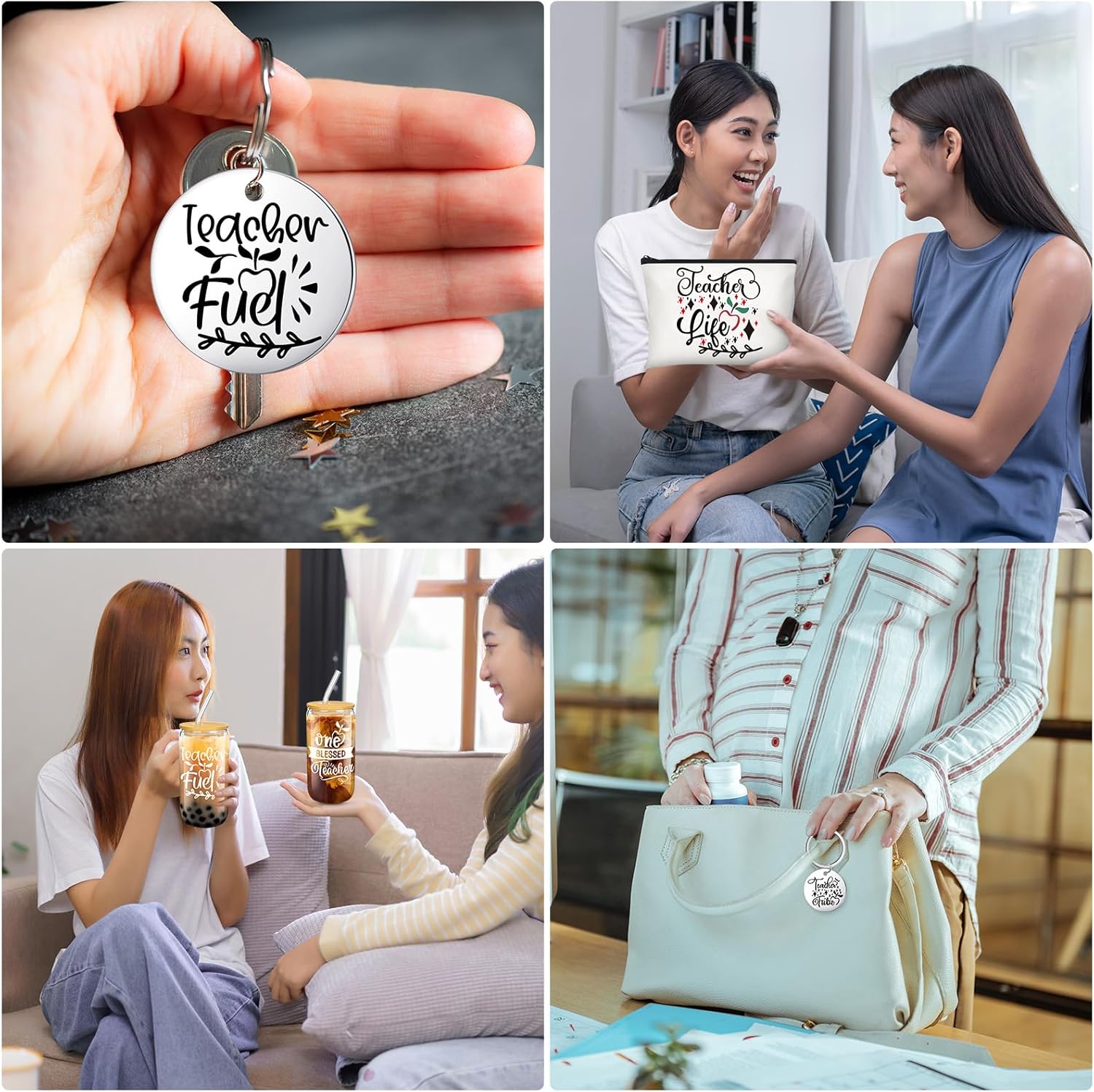 Maxcheck 27 Pcs Teacher Appreciation Gift Set Christmas Teacher Gift Bulk 9 Pcs 16oz Glass Cups with Lid Straw 9 Rainbow Makeup Bag 9 Keychain for Christmas(Classic Style) - Image 5