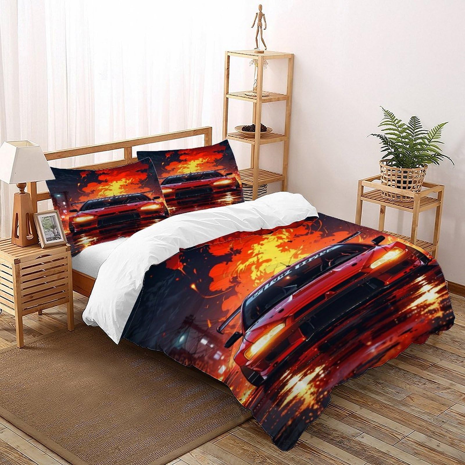 Parure de lit sports theme microfibres avec housse de couette flamme de voiture 3 pieces