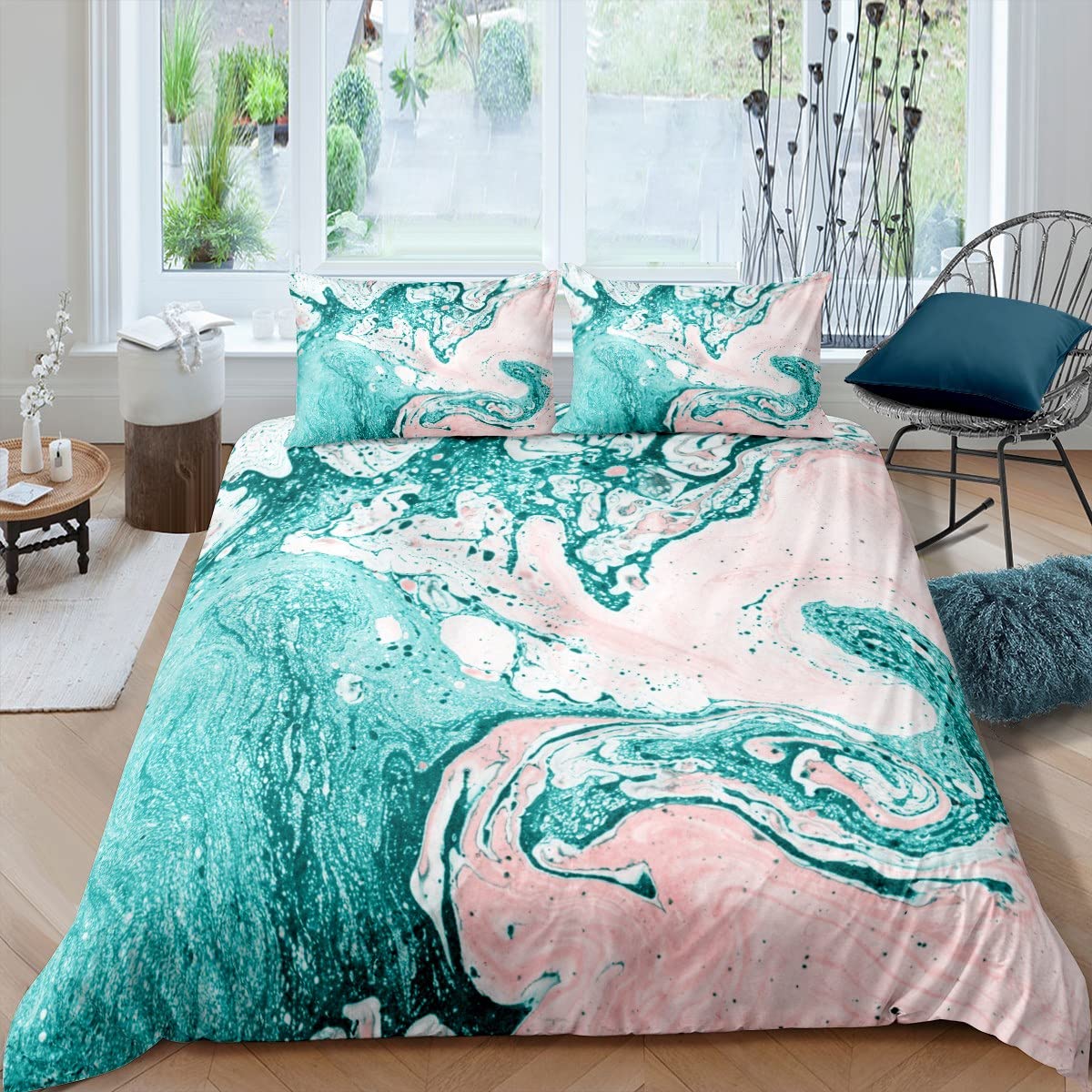 Set Copripiumino King Size In Cotone 100% Con Motivo Marmorizzato Blu E Oro | Biancheria Letto Ipoallergenica 264x228 Cm
