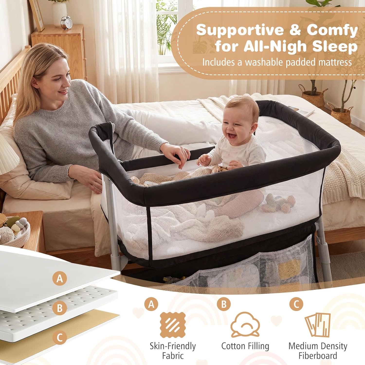 BABY JOY Bassinet, Bedside Crib w/Adjustable Height, Comfy Mattress, Full-Mesh Sides and Storage Pockets for Newborns Infants, Baby Bassinets Bedside Sleeper for Safe Co-Sleeping (Black)