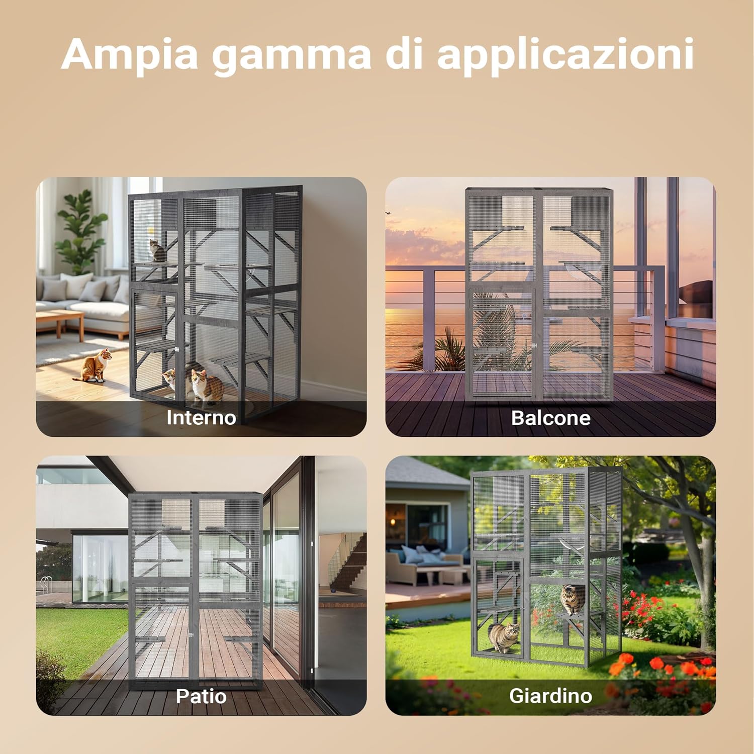 Examples of the cat enclosure placed in various outdoor settings: indoors, on a balcony, in a garden, and on a patio.