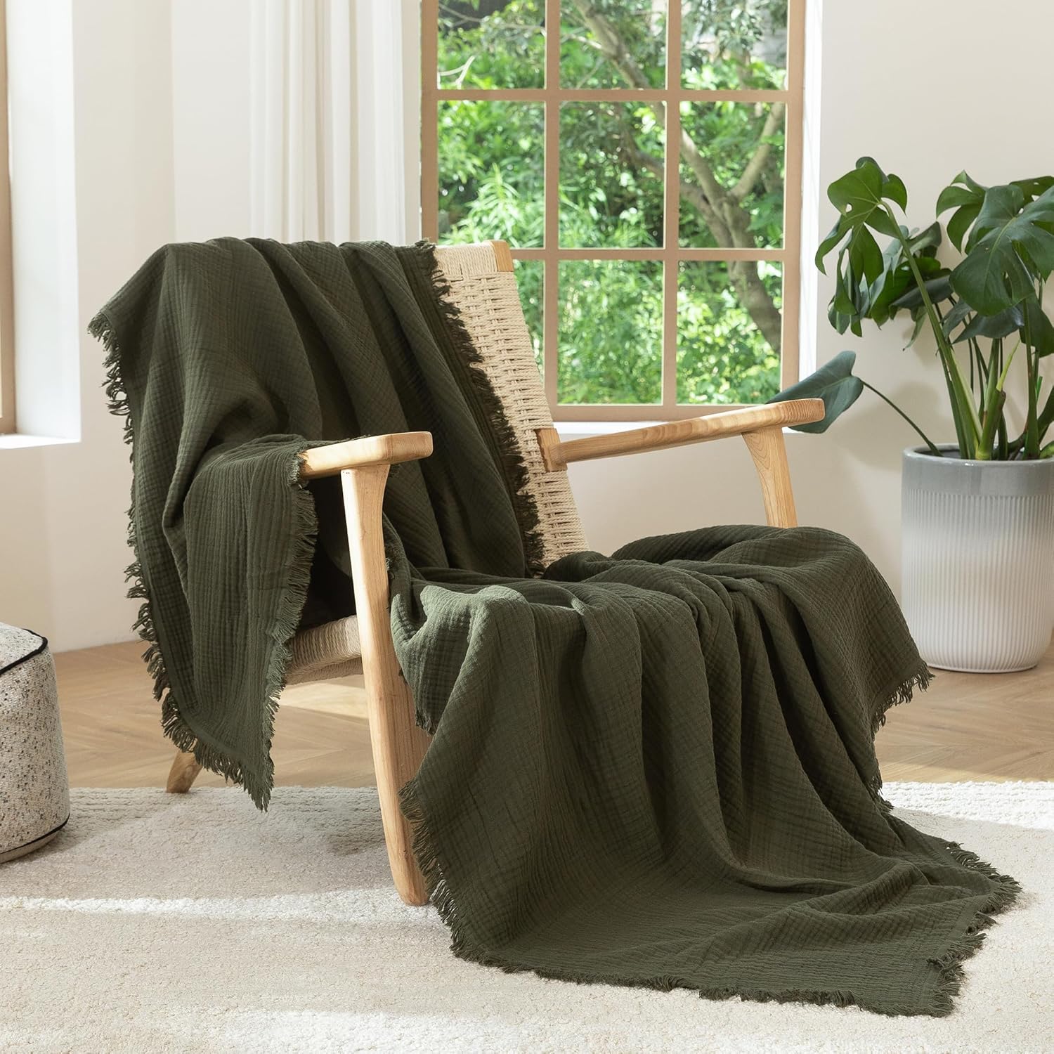 MooMee Muslin Blanket - 100% Cotton 4-Layer Gauze Throw Blanket with All-Around Fringe, Ultra-Soft Breathable Lightweight Cooling Decorative for Bed, Sofa & Couch (Olive Green,Throw XL 50" x 70")