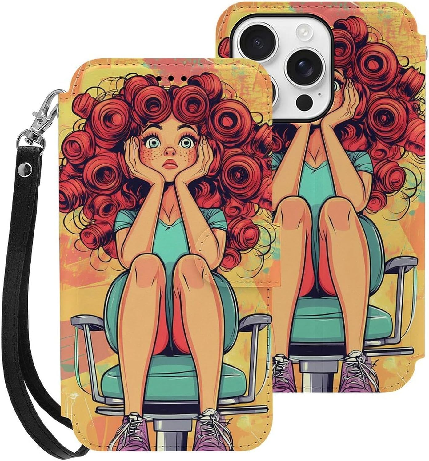 Hair Haircut Perm Day Compatible with iPhone 16/16 Plus/16 Pro/16 Pro Max/16 E Case Phone Wallet Card Holder Flip Cover with Wrist Strap