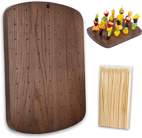 Soporte para brochetas de madera con 100 pinchos de bambú para aperitivos, tablero de exhibición de alimentos de madera con 63 agujeros para cóctel,