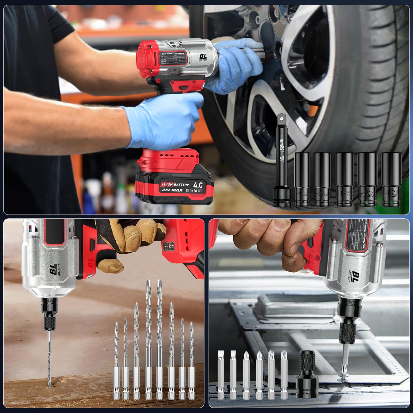 Avvitatore a Impulsi a Batteria 3-in-1 / Impact Driver/Trapano a Percussione – 1200Nm Alta Coppia 1/2" con Motore Brushless, 2× Batterie 4.0Ah, Bussole, Punte e Inserti – Ideale per Auto, DIY e Uso