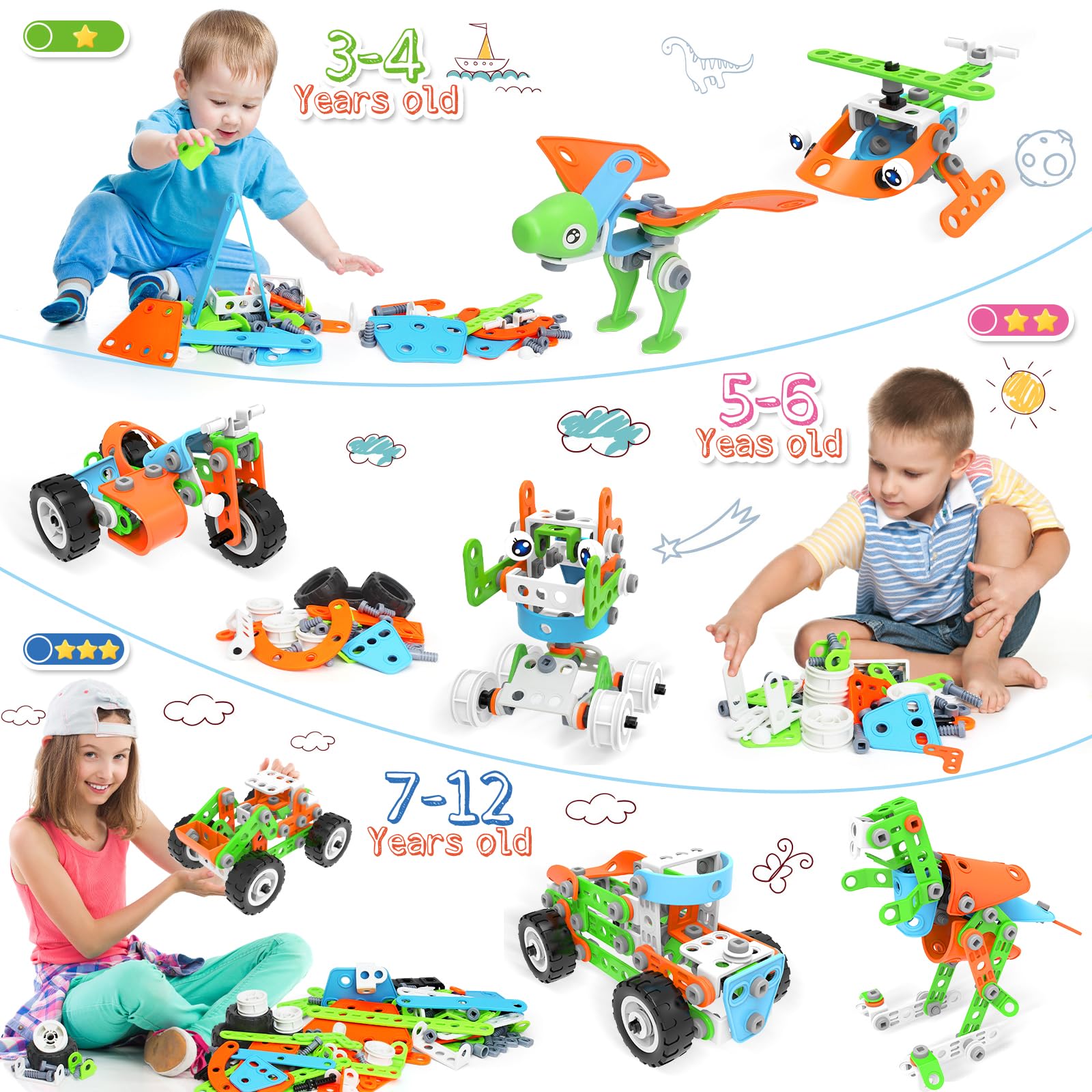 Lot De 220 Blocs De Construction PLMMOUT – Flocons De Neige, 8 Couleurs, Sac De Rangement Inclus