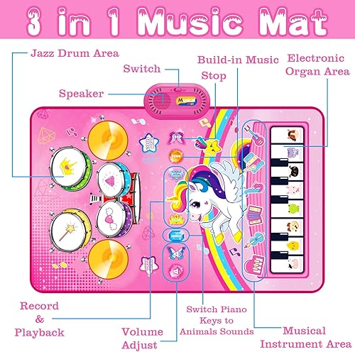 Miniatura 5 de Juguetes para niñas de 1 año tapete musical para bebés, juguetes para niños pequeños de 1 a 2 años de edad - 3 en 1 Piano Drum Animal Touch Unicorn