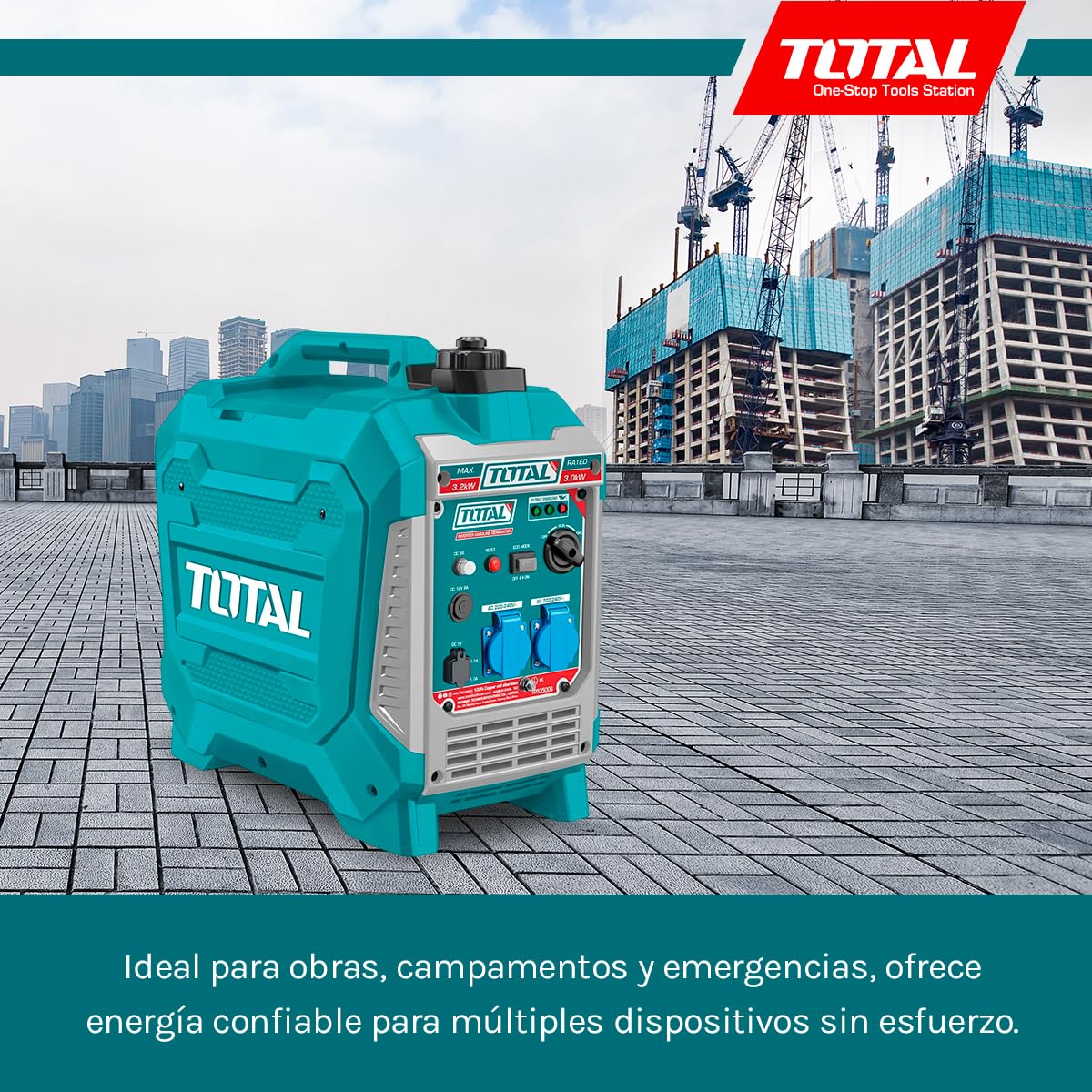 TOTAL - Generador Eléctrico a Gasolina - Insonorizado Inverter 3.3kW - Salidas USB y Toma 250V - Bajo Nivel Sonoro 64dB - Portátil 25kg, Verde, 55l x 55an cm, Plástico