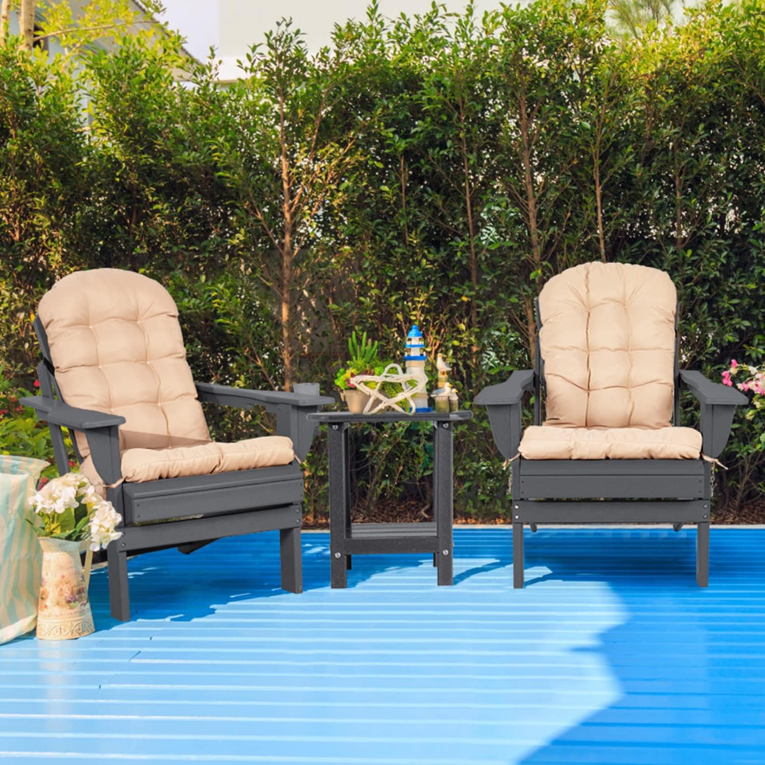 Adirondack Chairs Set of 2 with Cushions & Cup Holders, HDPE Weather Resistant Folding Adirondack Chair for Adults, Outdoor Fire Pit Chairs for Patio/Porch/Swimming Pool/Garden (2, Black)