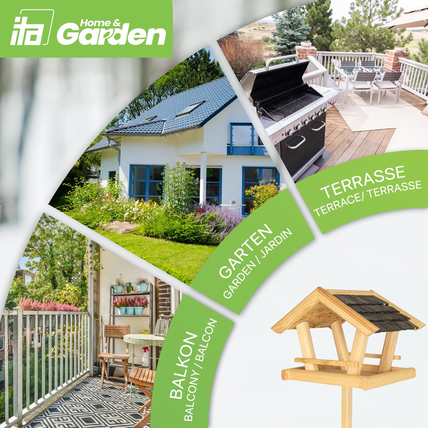 ITA Vogelfutterhaus Glück 36x25x26 cm aus Holz - Vogelhaus für Garten, Terrasse, Balkon - Vogelfutterspender für Wildvögel - Wetterfest, Stabil, Robust - Direkt vom Hersteller - EU Produkt