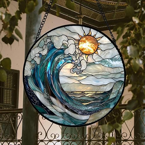 Miniatura 2 de Atrapasoles para colgar vidrieras, panel de cristal de diamante con ondas azules y blancas, decoración de cumpleaños para mujeres, hombres, esposa,