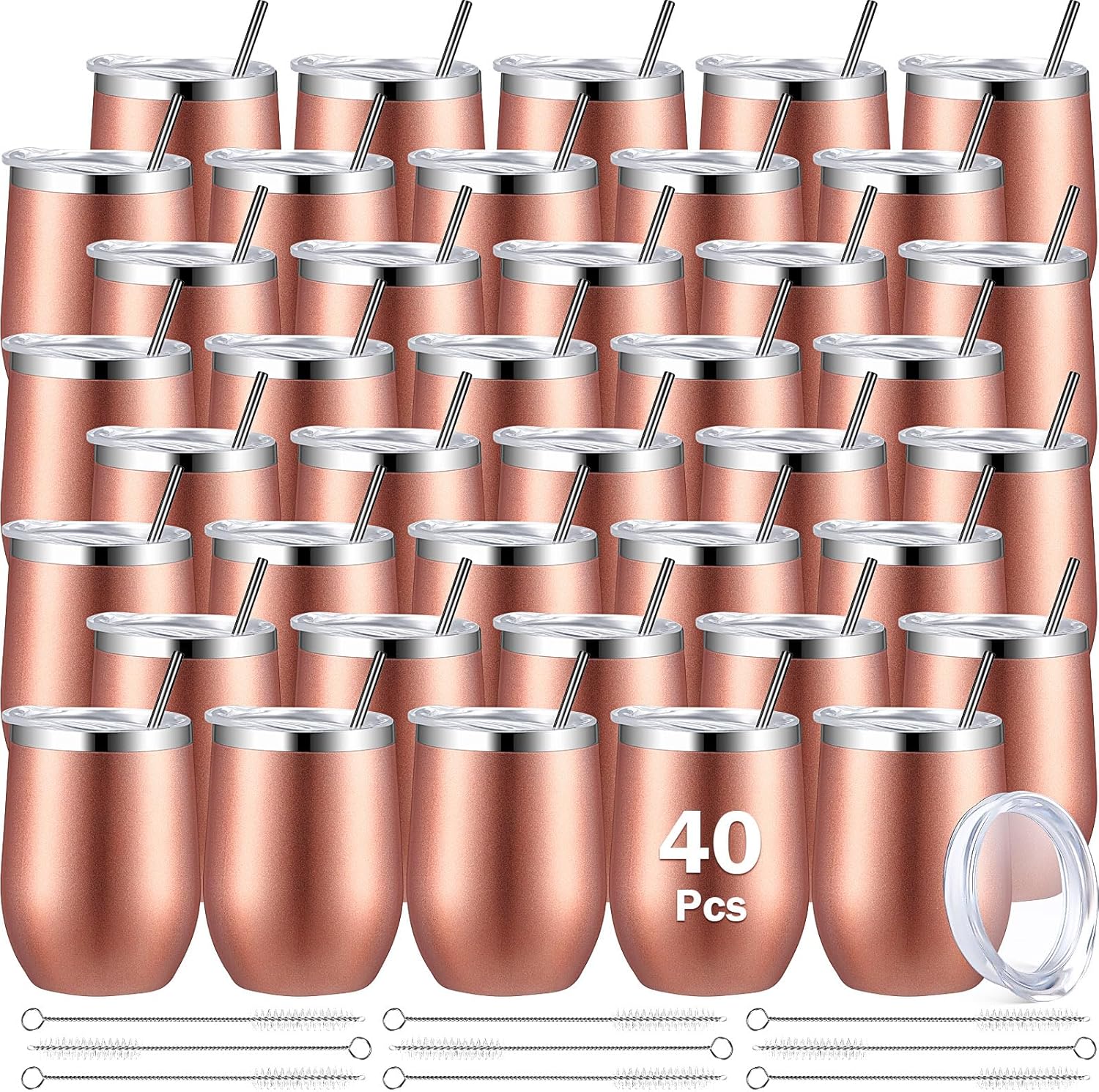 Sieral 40 Pack Insulated Wine Tumbler 12oz Stainless Wine Coffee Cup with Lid Straw Double Wall Vacuum for School Teacher Employee Appreciation Staff Nurse Team Social Work Gift(Rose Gold)