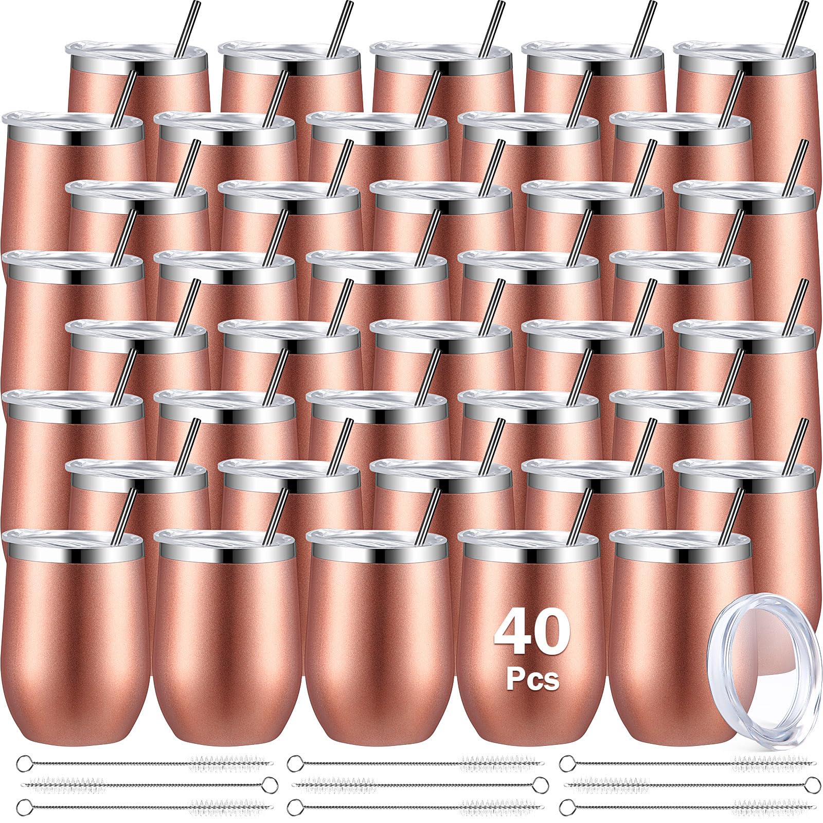 Sieral Isolierte Weingläser aus Edelstahl, 340 ml, mit Deckel und Strohhalmen, doppelwandig, Vakuum-Kaffeebecher für Hochzeit, Party, Mitarbeiter, Lehrer, Krankenschwester, Geschenke, Roségold, 40