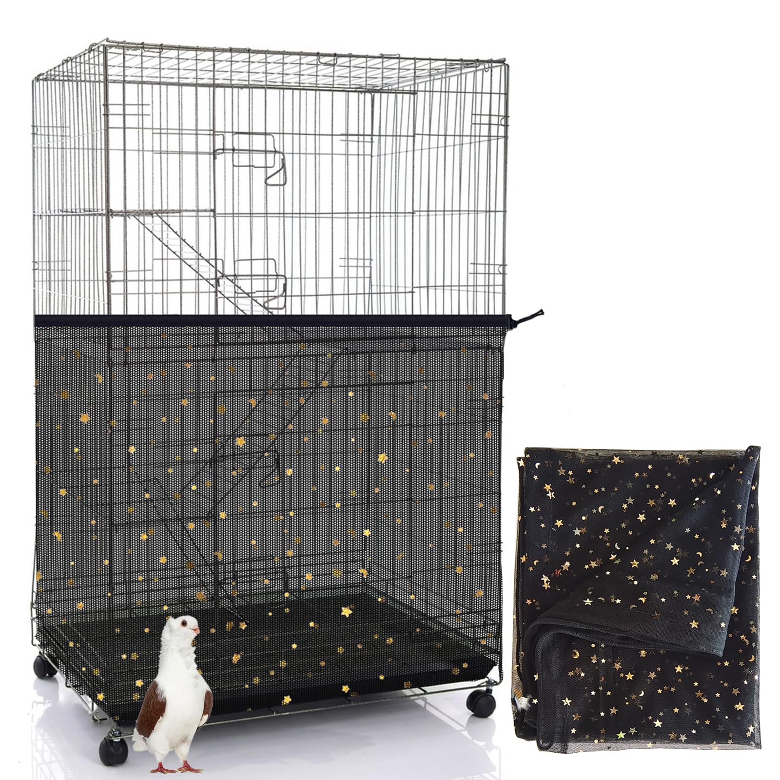 Bird Cage Seed Catcher, 60-118'' Large Bird Cages Cover, 31.5'' H Adjustable Nylon Bird Cage Mesh Net, Soft Airy Bird Cage Skirt Guard Accessories for Parrot Parakeet Macaw (Black)