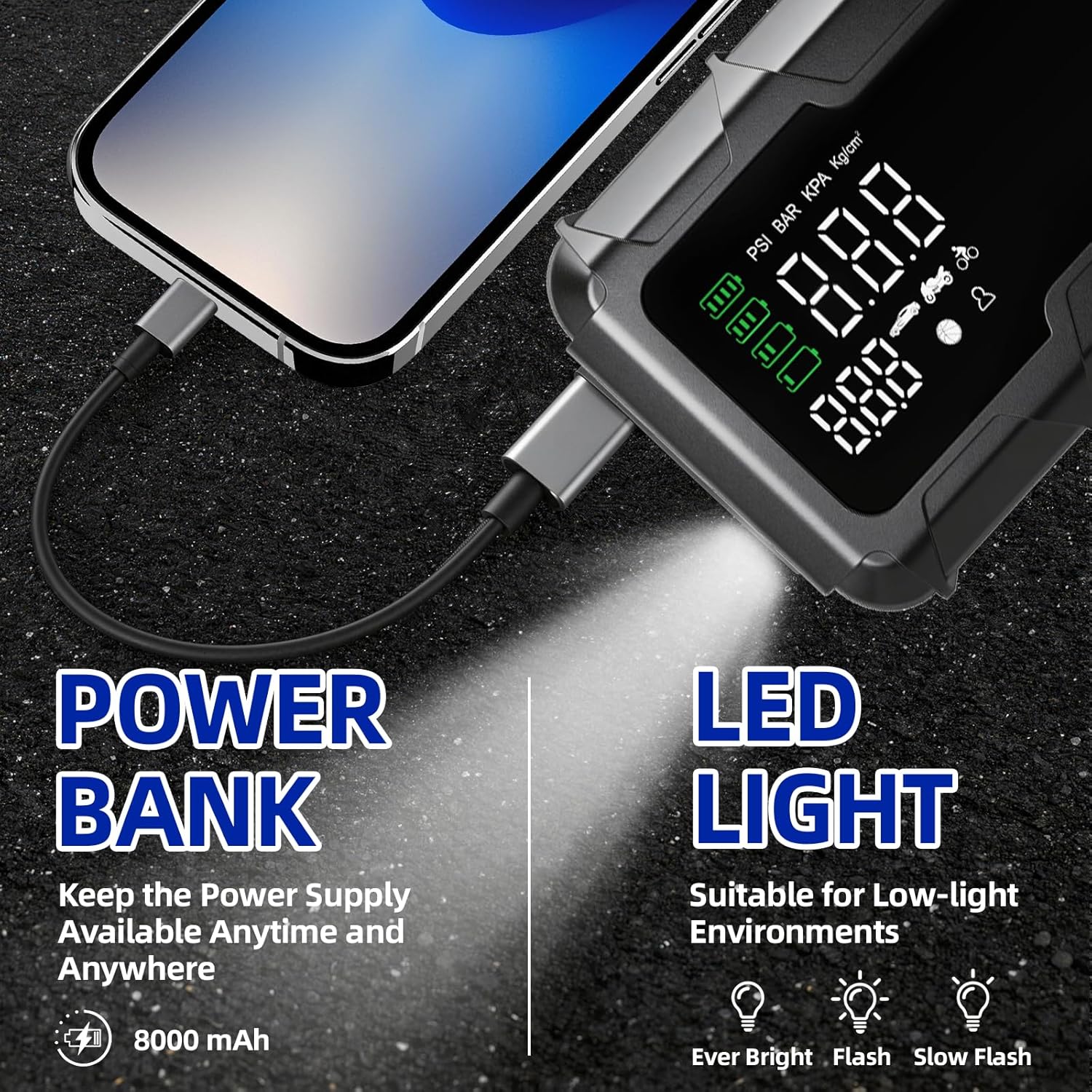 Tire Inflator Portable Air Compressor, Air Pump with Jump Starter, 150 PSI Cordless Bike Pump, Electric Pump for Car Tires, Motorcycle, Bicycle, Balls with Pressure Gauge & LED Light, Black