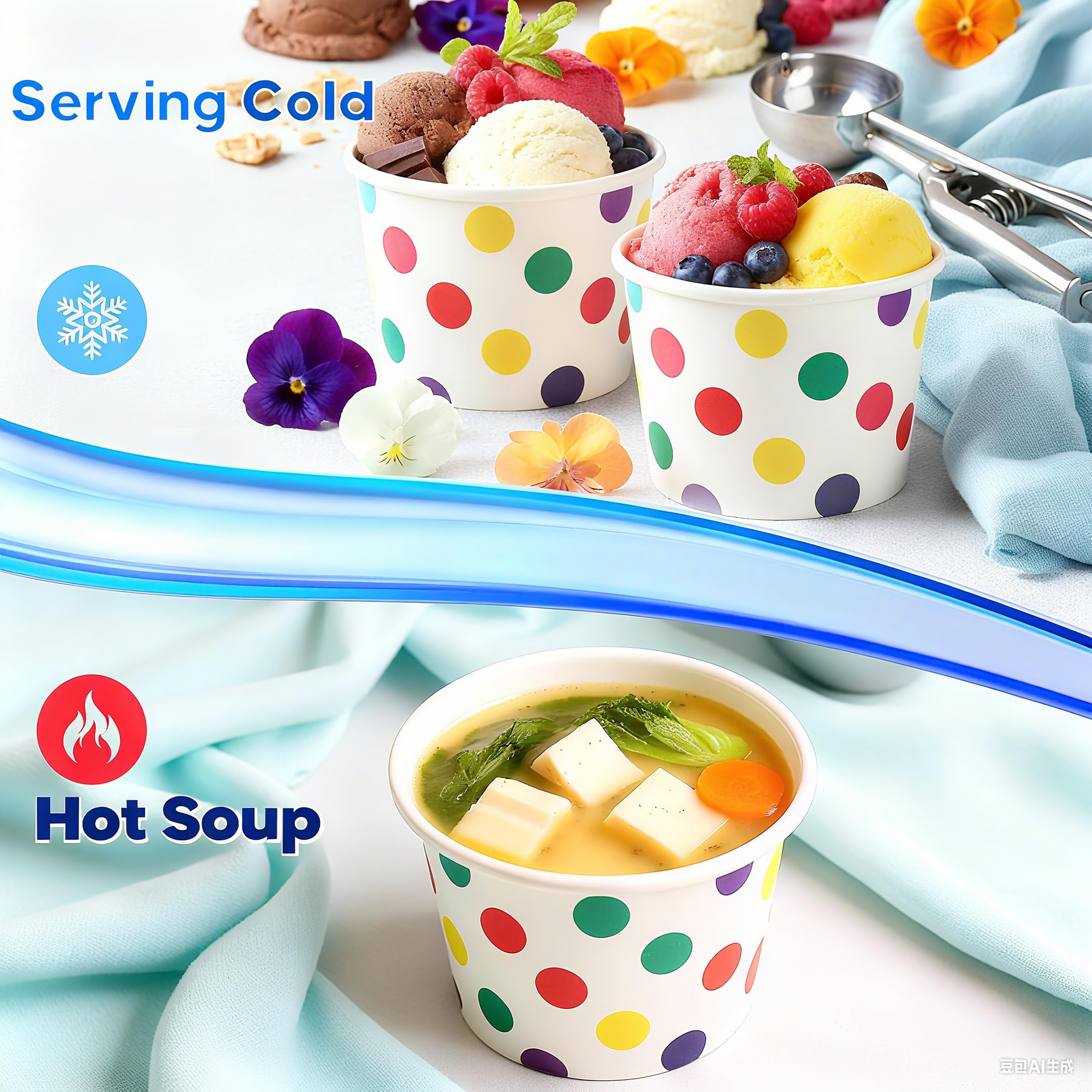 Dicunoy Paquete de 60 vasos de papel para helado de 8 onzas con tapas, cuencos desechables para postre de Sundae, recipientes de yogur congelado, suministros de fiesta para alimentos fríos y calientes