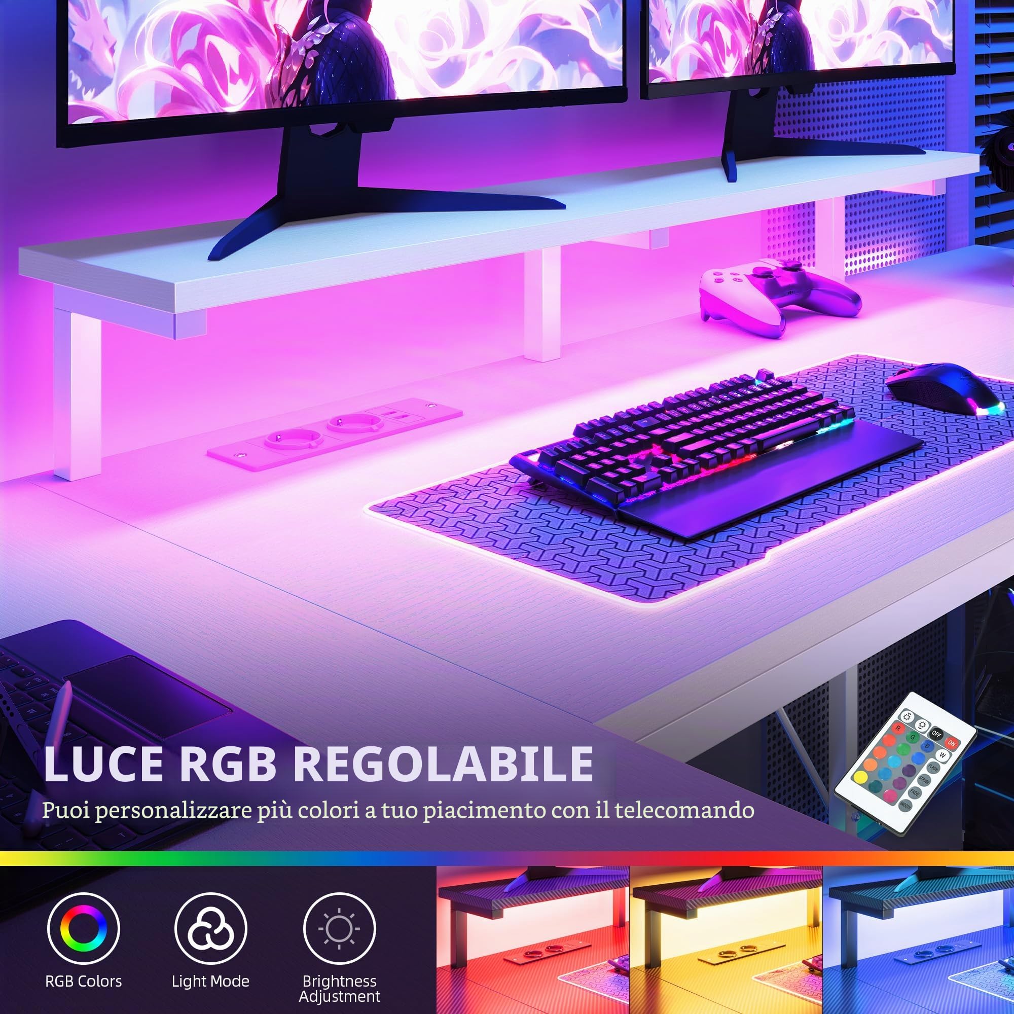 YITAHOME Scrivania angolare con 4 cassetti e spazio di archiviazione, scrivania da gioco con LED e supporto per monitor per casa, ufficio, scrivania angolare reversibile con 2 prese e 2 porte di