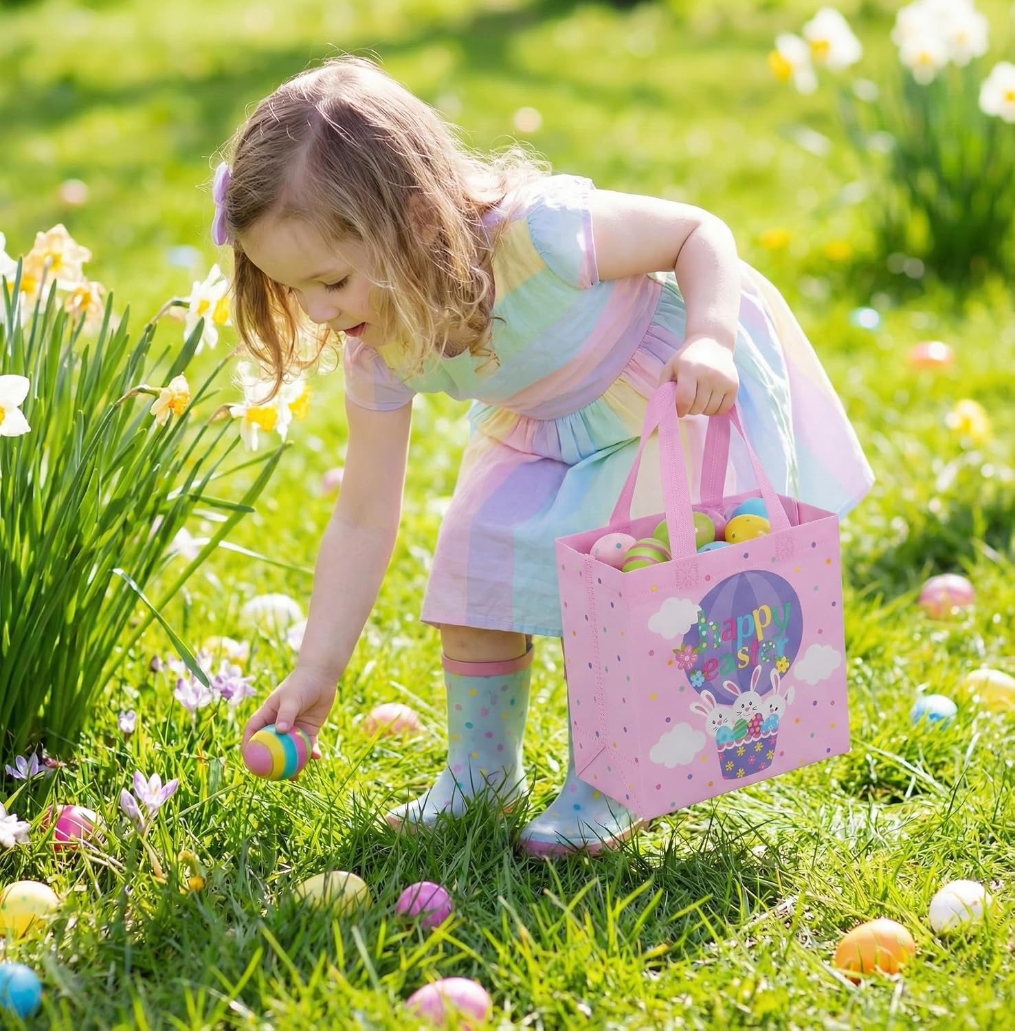SUNCOLOR Easter Gift Bags, 6 Pack Non-Woven Tote Bags with Bunny Design, 9x9x4.7 Inch, Reusable Party Supplies for Kids Egg Hunt Games image 4