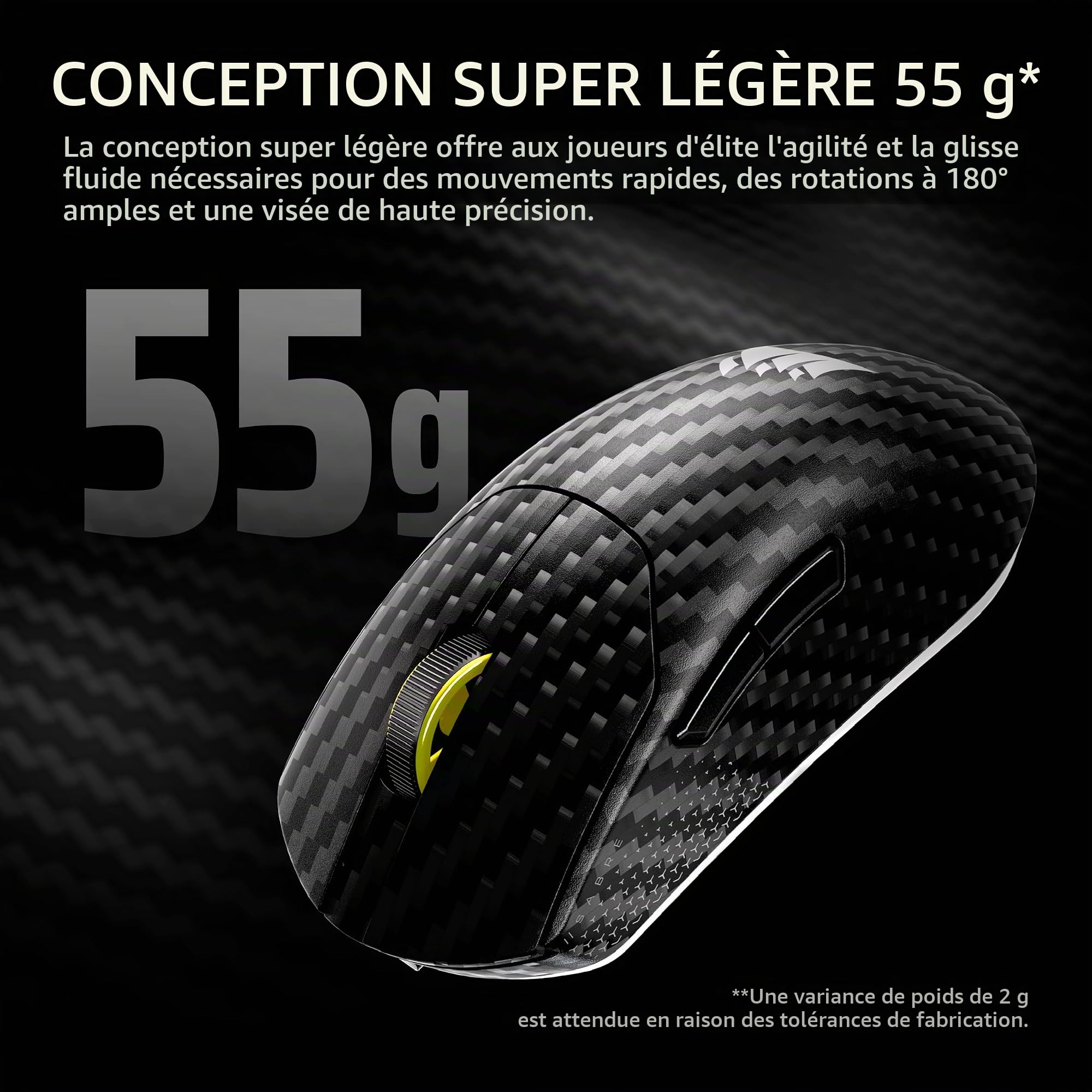 Corsair Sabre v2 Pro Souris de Jeu sans Fil CF FPS – Capteur Marksman S 33 000 DPI, Hyper-Polling 8 000 Hz, monocoque en Fibre de Carbone, légère, Batterie jusqu'à 120 Heures – Noir