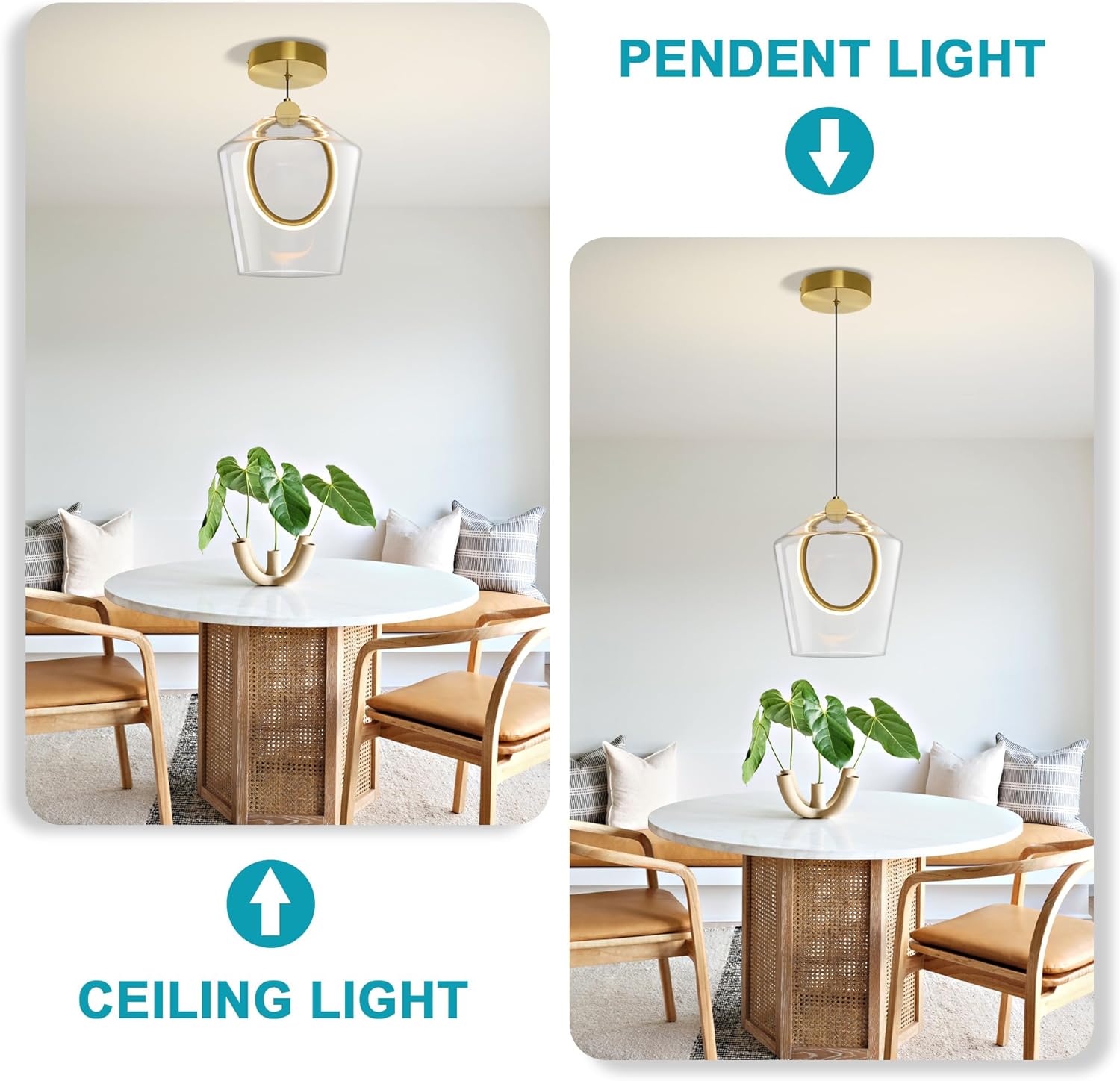 Modern Glass Pendant Lighting for Kitchen Island 1 Pack, Gold LED Pendant Light Fixtures 3000K, Dimmable, Adjustable Hanging Ceiling Light, Angled Clear Glass Shades 8 Inch, ETL Certified