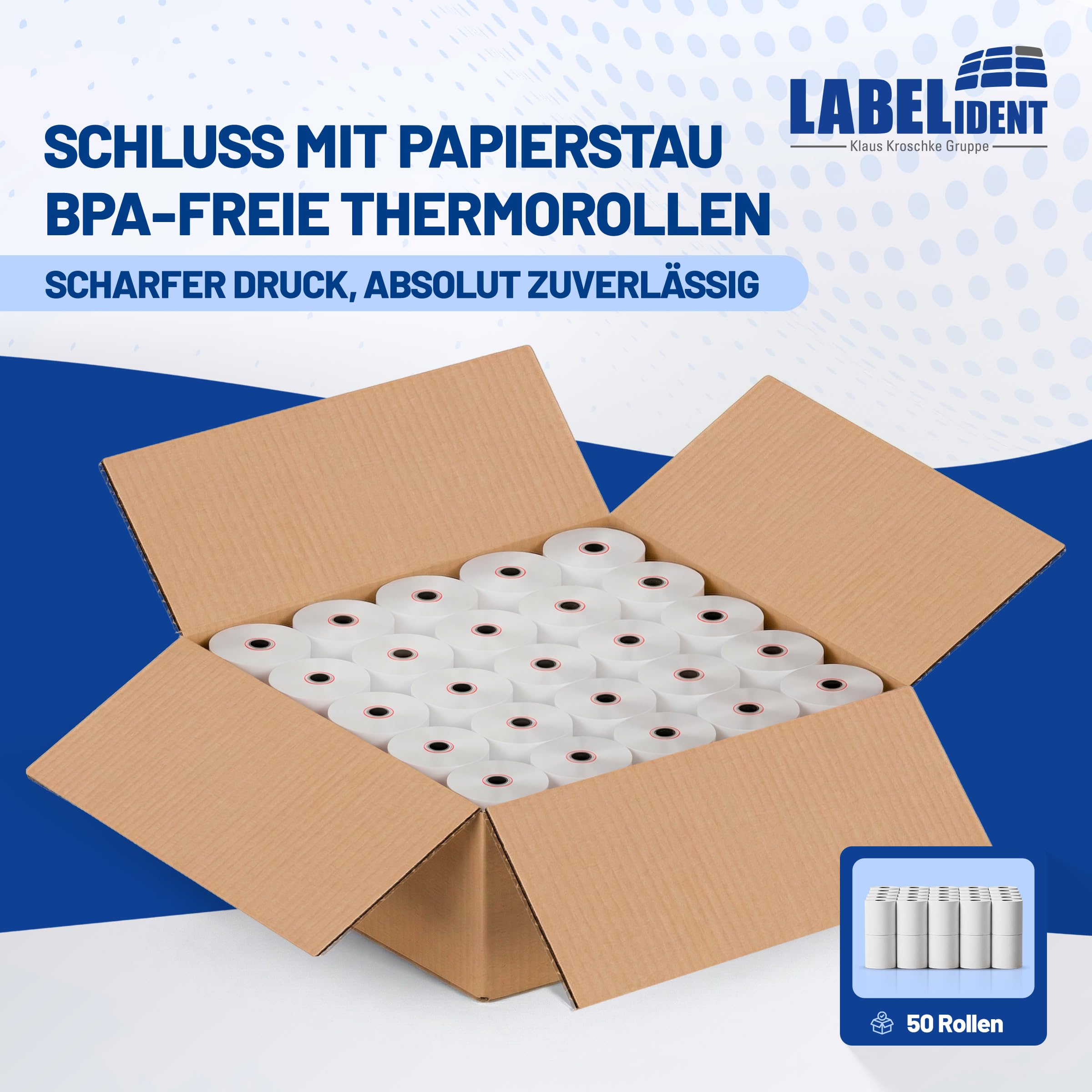 Labelident 50x Thermorollen 80mm x 50m x 12mm, Ø 63 mm, 55 g/m² | Bpa freie Bonrollen, Kassenrollen für alle gängigen Thermo Kassen-Bondrucker