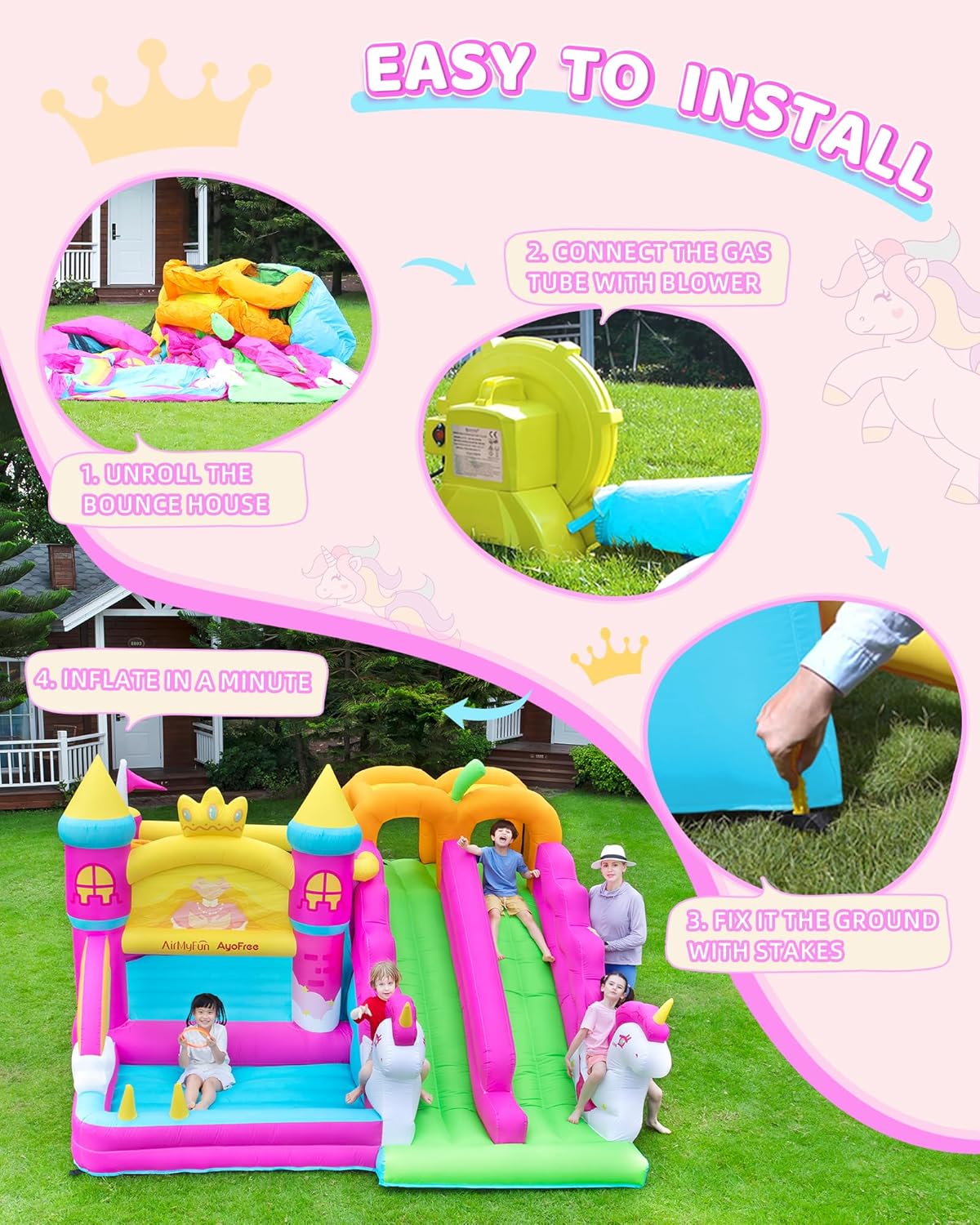 AirMyFun Inflatable Bounce House, Double Slide Bounce House, Pink Indoor Jumping Castle for Kids 3-8, 6 in 1 Princess Bounce House with 450 Blower