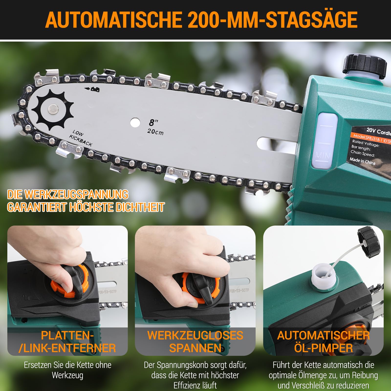 Élagueur sur Perche sans Fil, Perches Élagueuses, Batterie Li-Ion 20 V 4,0Ah/Chargeur, Lame de 24 cm, Vitesse de Chaîne 5 m/s, avec Extension de 68cm & Bandoulière, Tête Inclinable à 30°, Portée 3 m